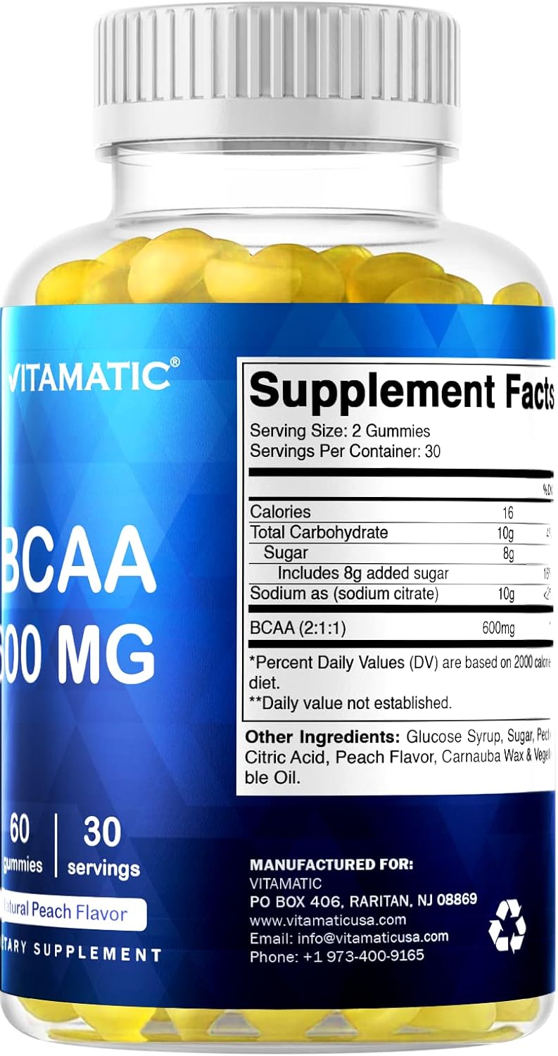 Peach Flavored Vegan BCAA Gummies - 600mg per Serving - 60 Count - Branch Chain Amino Acid Supplement