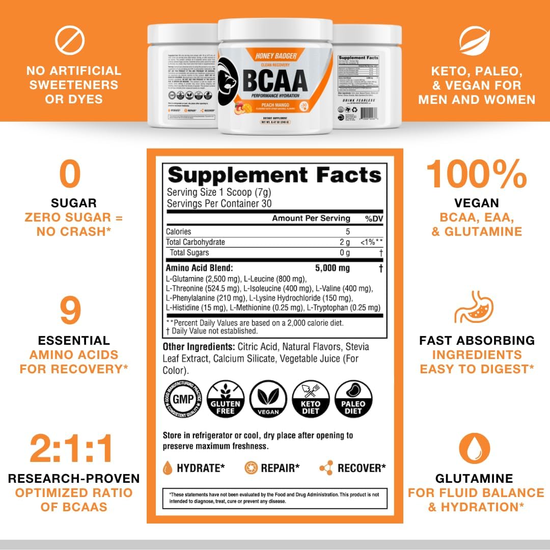 Peach Mango BCAA + EAA Amino Acids Powder for Hydration & Muscle Recovery