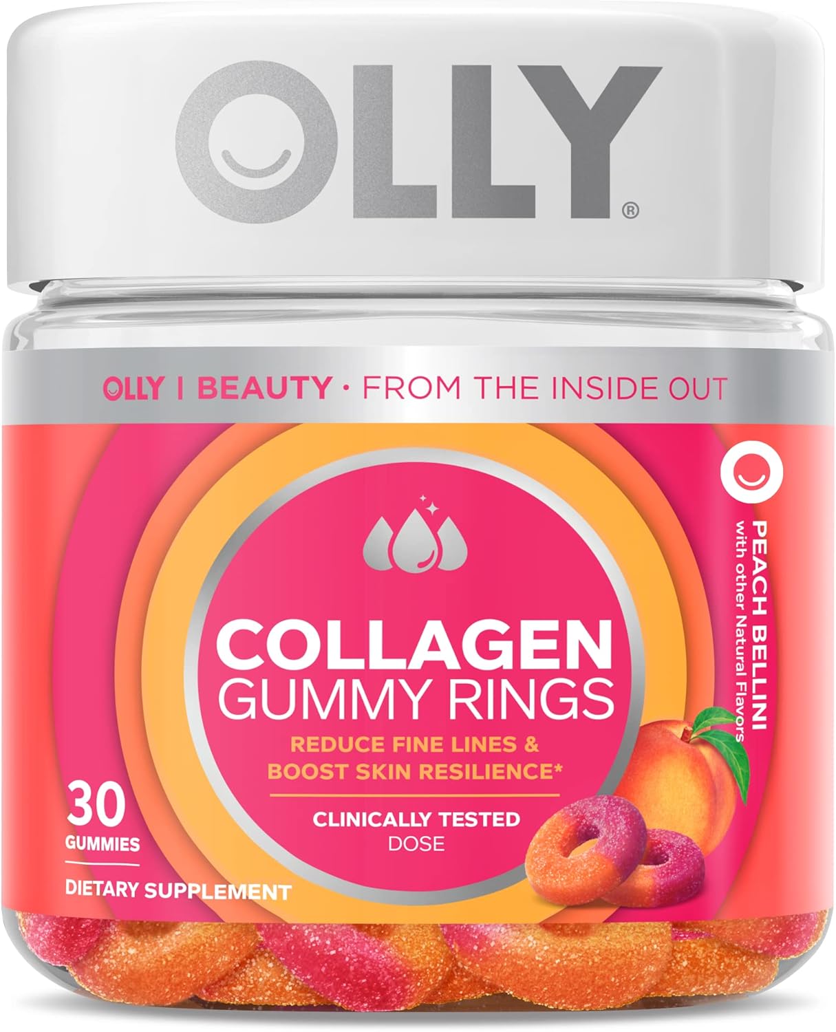 Peach OLLY Collagen Gummy Rings, 2.5g Collagen for Skin Elasticity, 30 Count - Clinically Tested, 15 Day Supply
