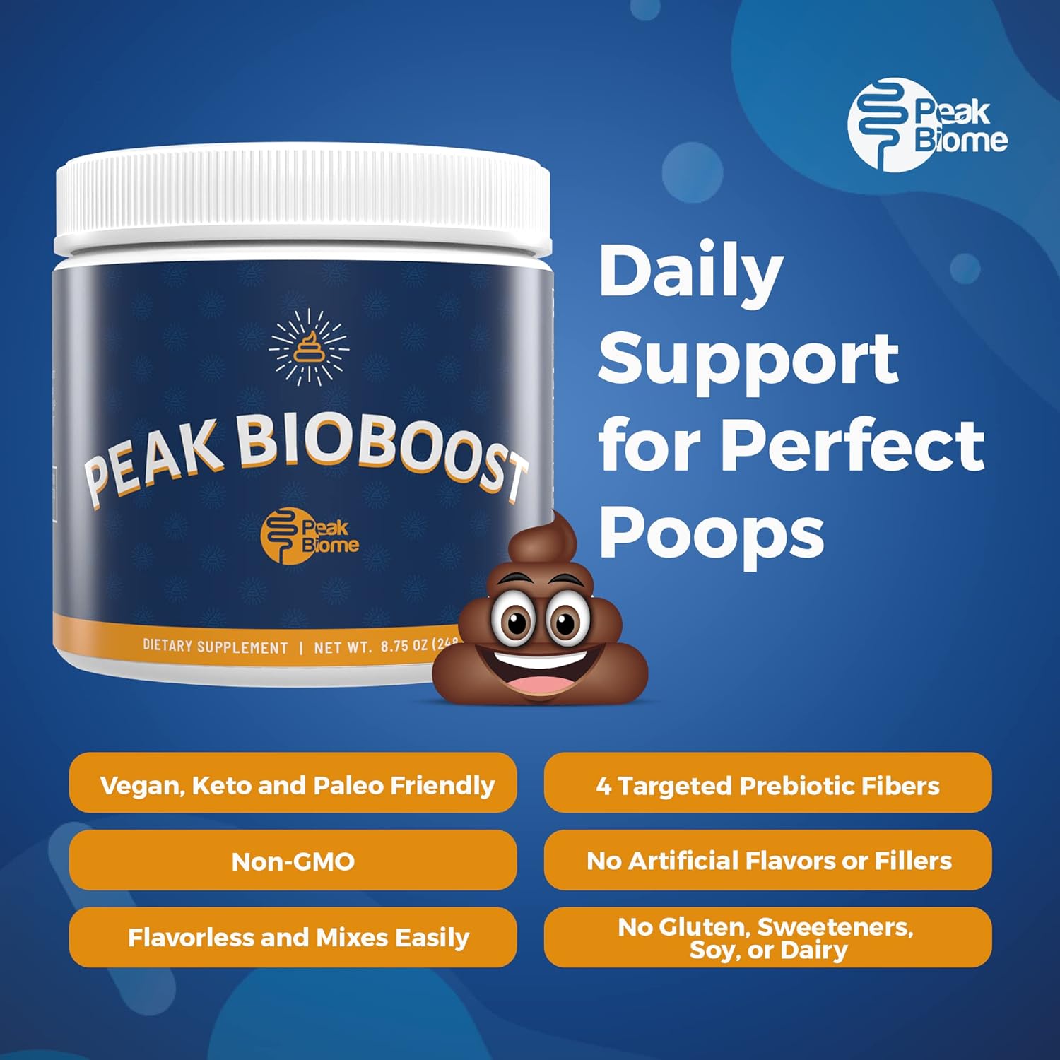 Peak Biome Peak BioBoost - Flavorless Prebiotic Fiber Powder for Digestive Health - Gluten, Soy, Dairy Free - 1 Month Supply