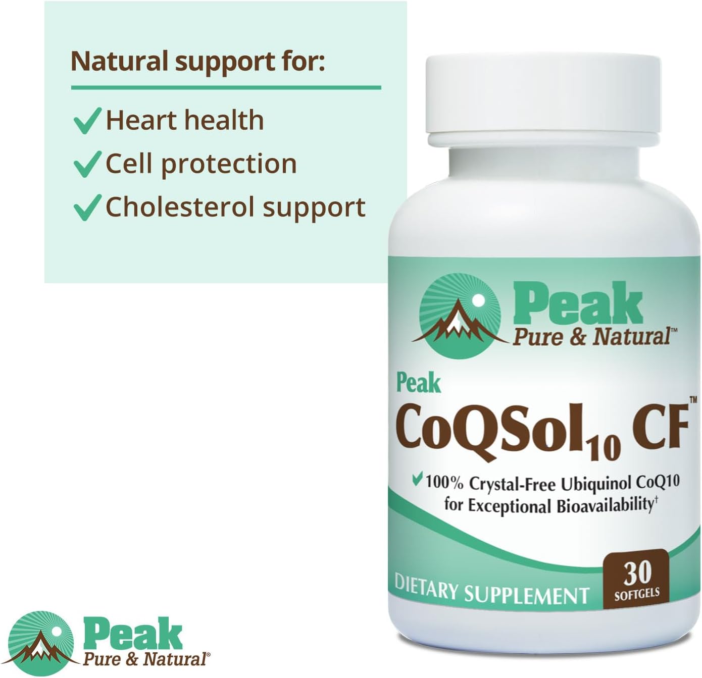 Peak Pure & Natural CoQSol10 CF - Crystal-Free Ubiquinol CoQ10 Softgels - Enhanced Bioavailability for Energy, Immunity, Brain & Heart Health - 30 Count