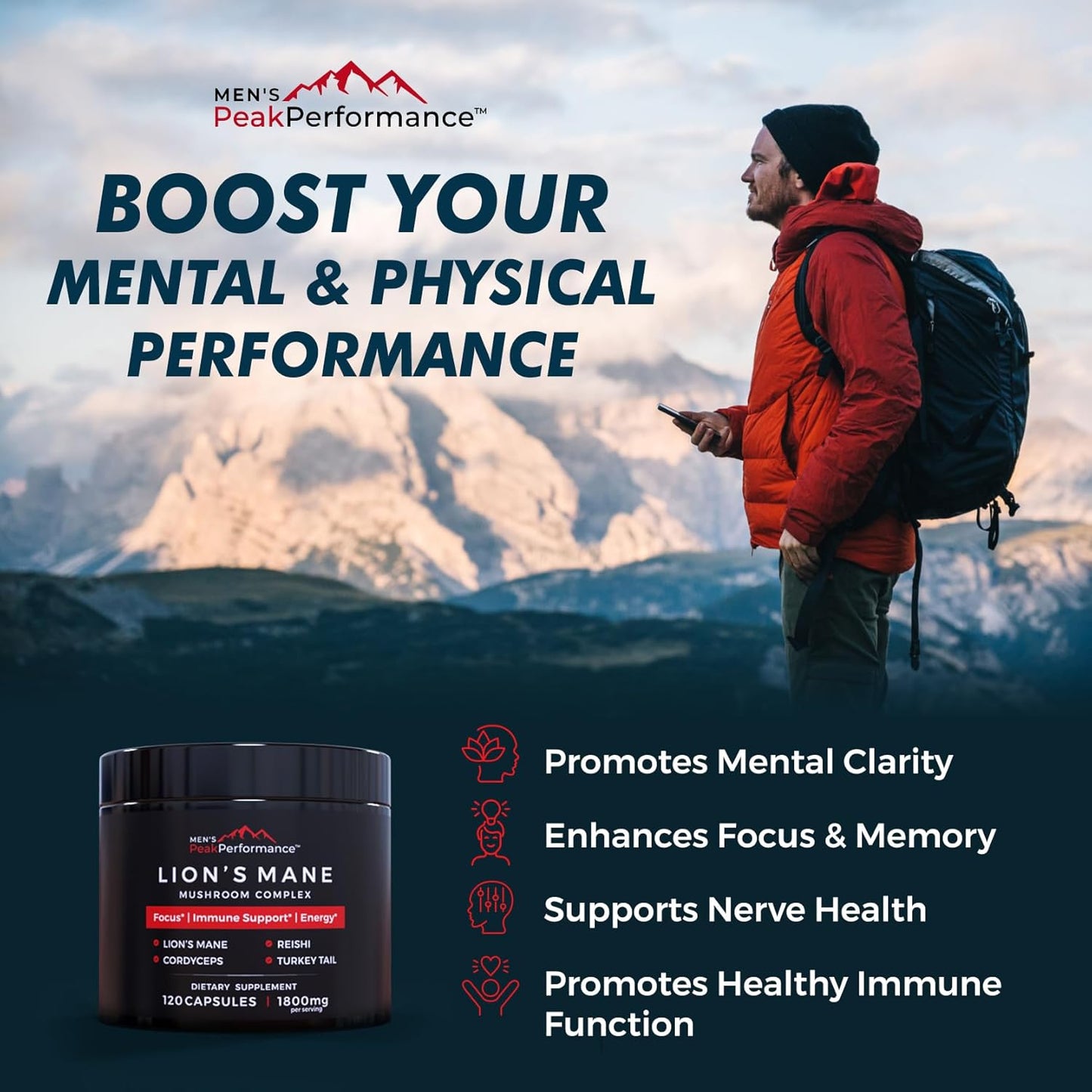 PeakPerformance Men's Lion's Mane Mushroom Supplement Capsules - Nootropic for Memory, Focus, Energy, & Immune Support (120 Capsules)