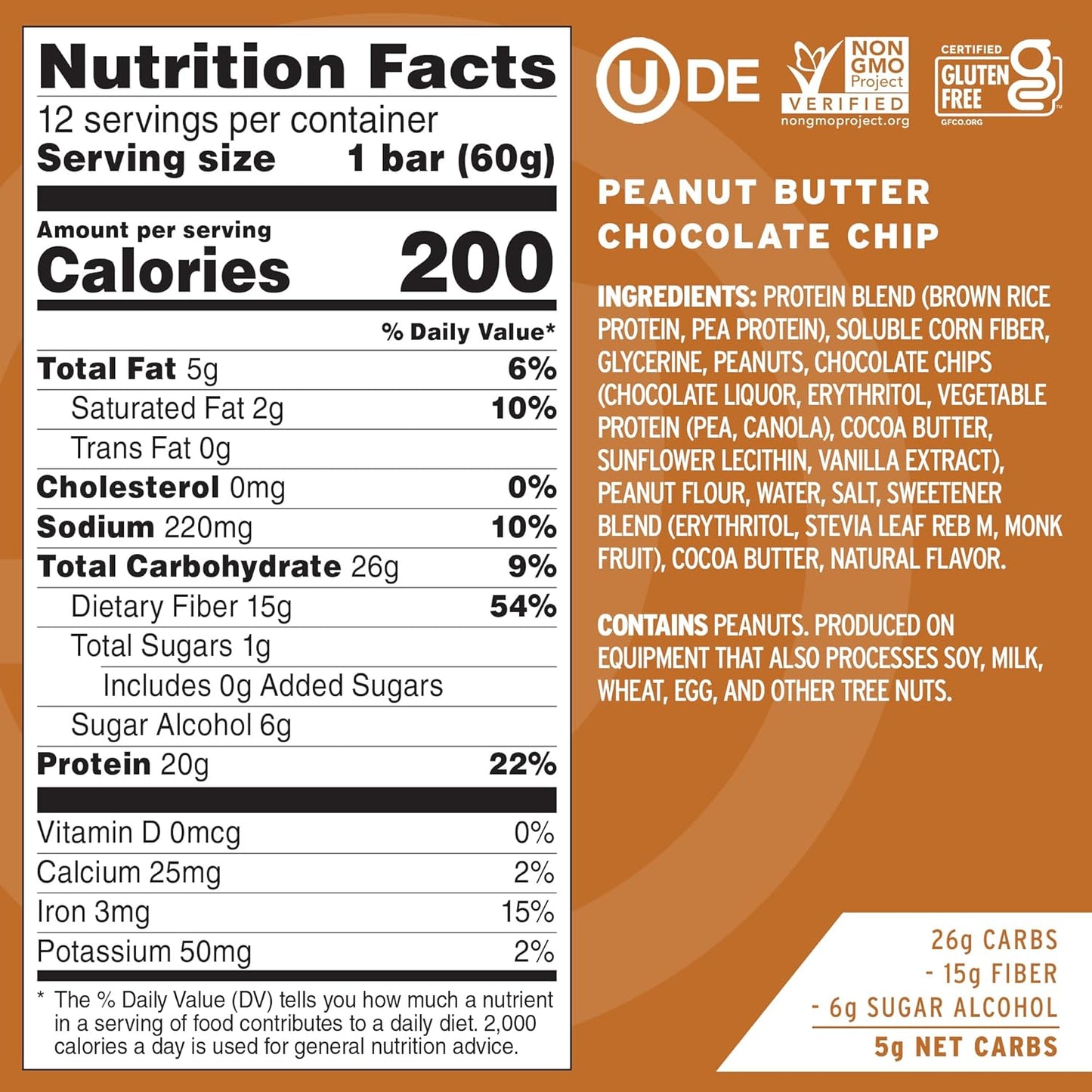 Peanut Butter Chocolate Chip High Protein Bars - Vegan Snacks with 20g Protein, High Fiber, Low Sugar, Dairy & Gluten Free (12 Count)