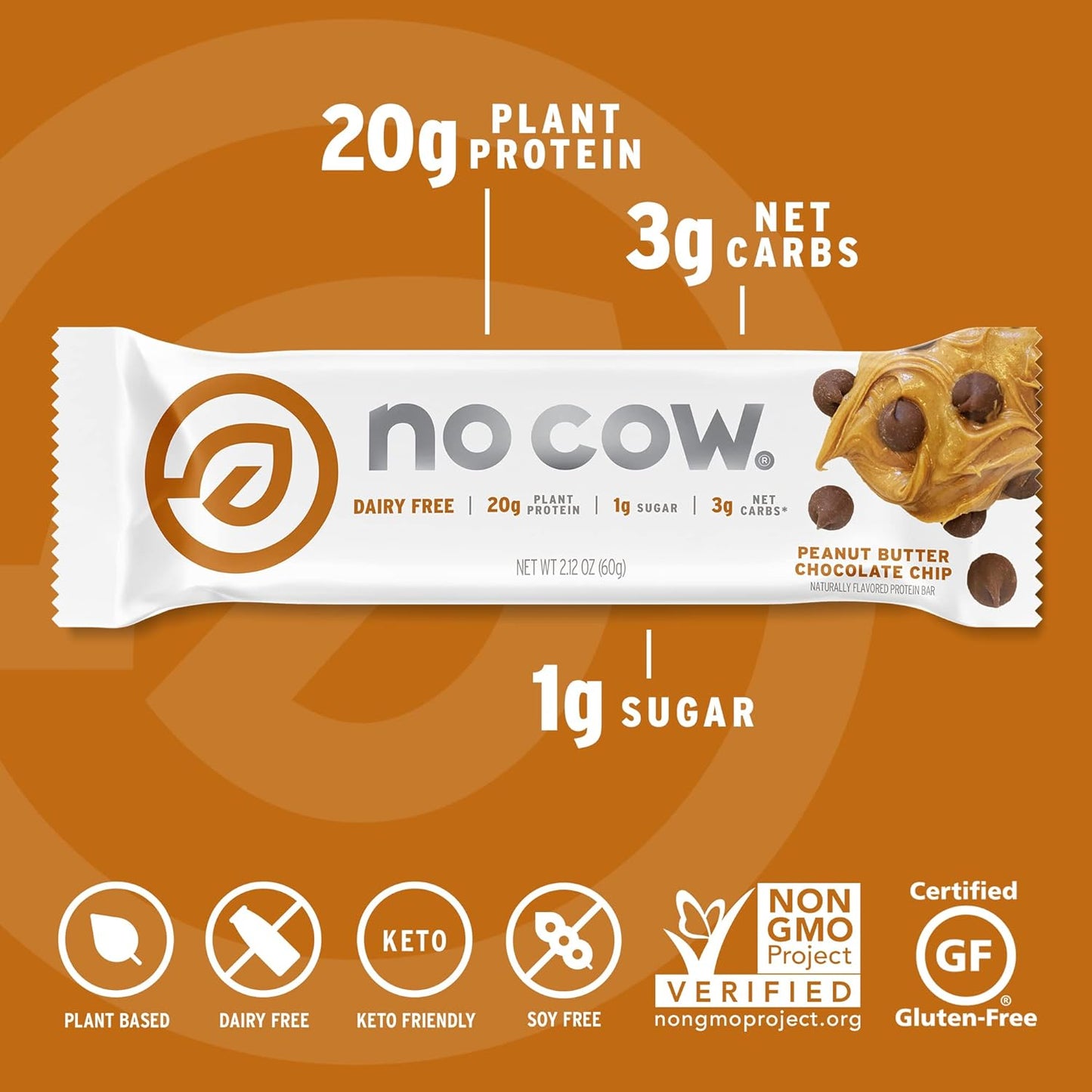 Peanut Butter Chocolate Chip High Protein Bars - Vegan Snacks with 20g Protein, High Fiber, Low Sugar, Dairy & Gluten Free (12 Count)