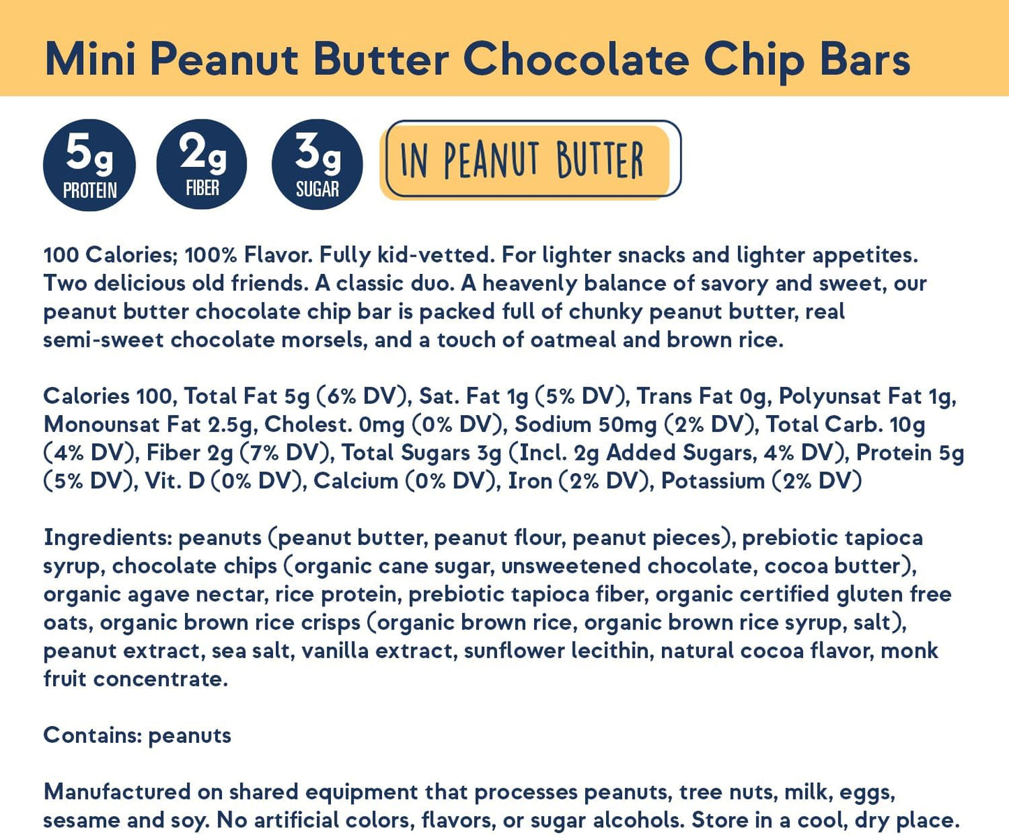Peanut Butter Chocolate Chip Vegan Protein Bars for Kids - 100 Calorie Mini Bars, Plant Based Protein, Gluten Free, Dairy Free, Kosher - 18 Pack