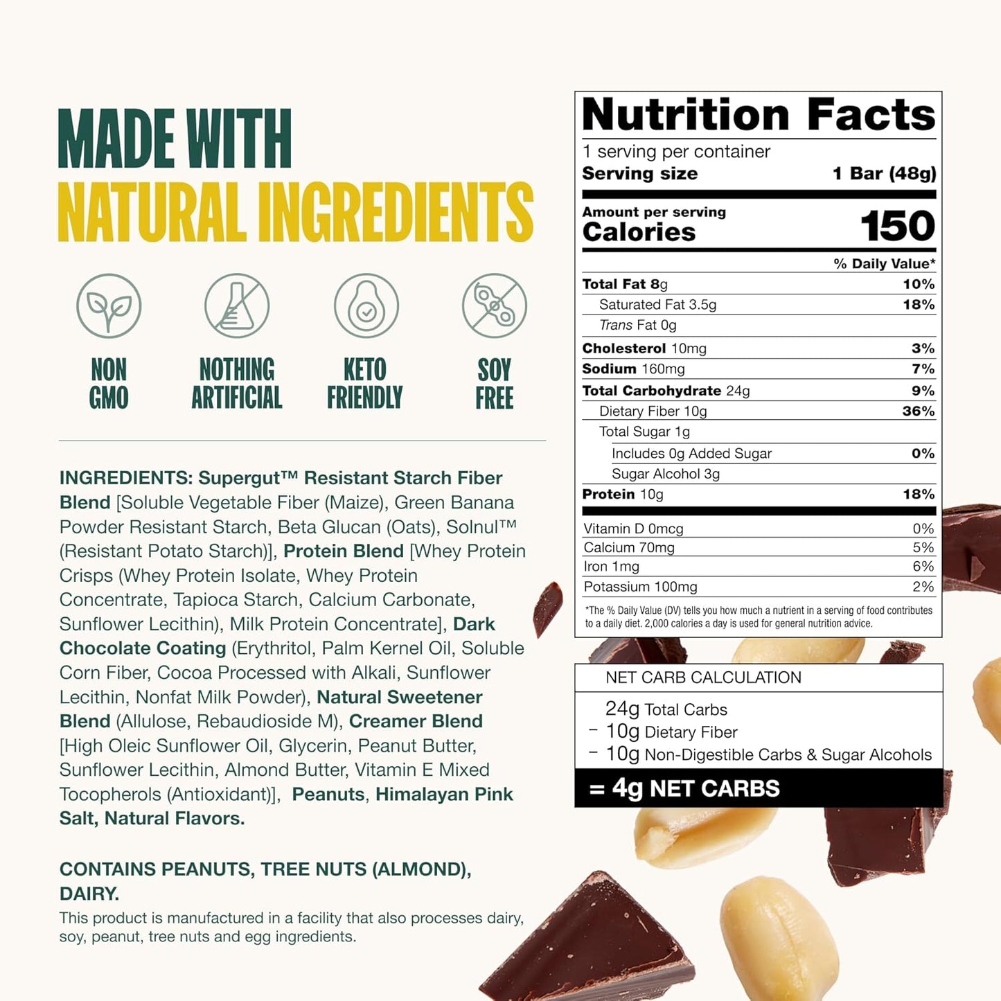 Peanut Butter Chocolate Prebiotic Bars - Gut Healthy Protein Snacks, Keto-Friendly Energy Bars (12 Pack)