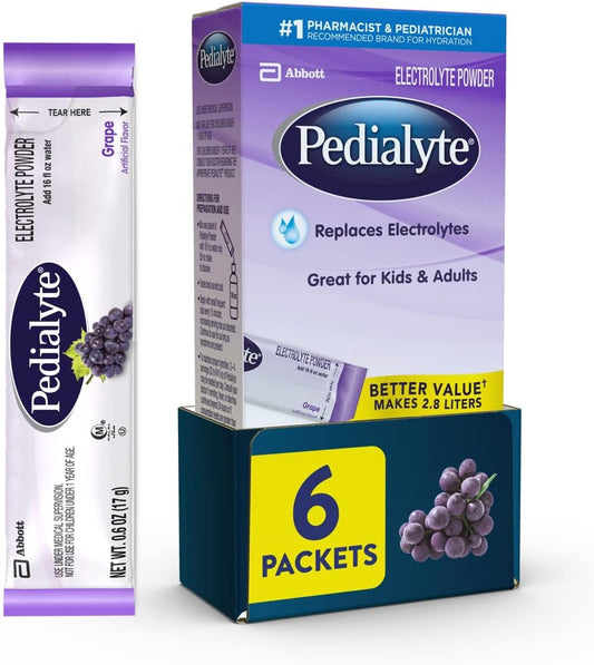 Pedialyte Grape Electrolyte Powder Packets - 6 Single-Serving Packets for Hydration
