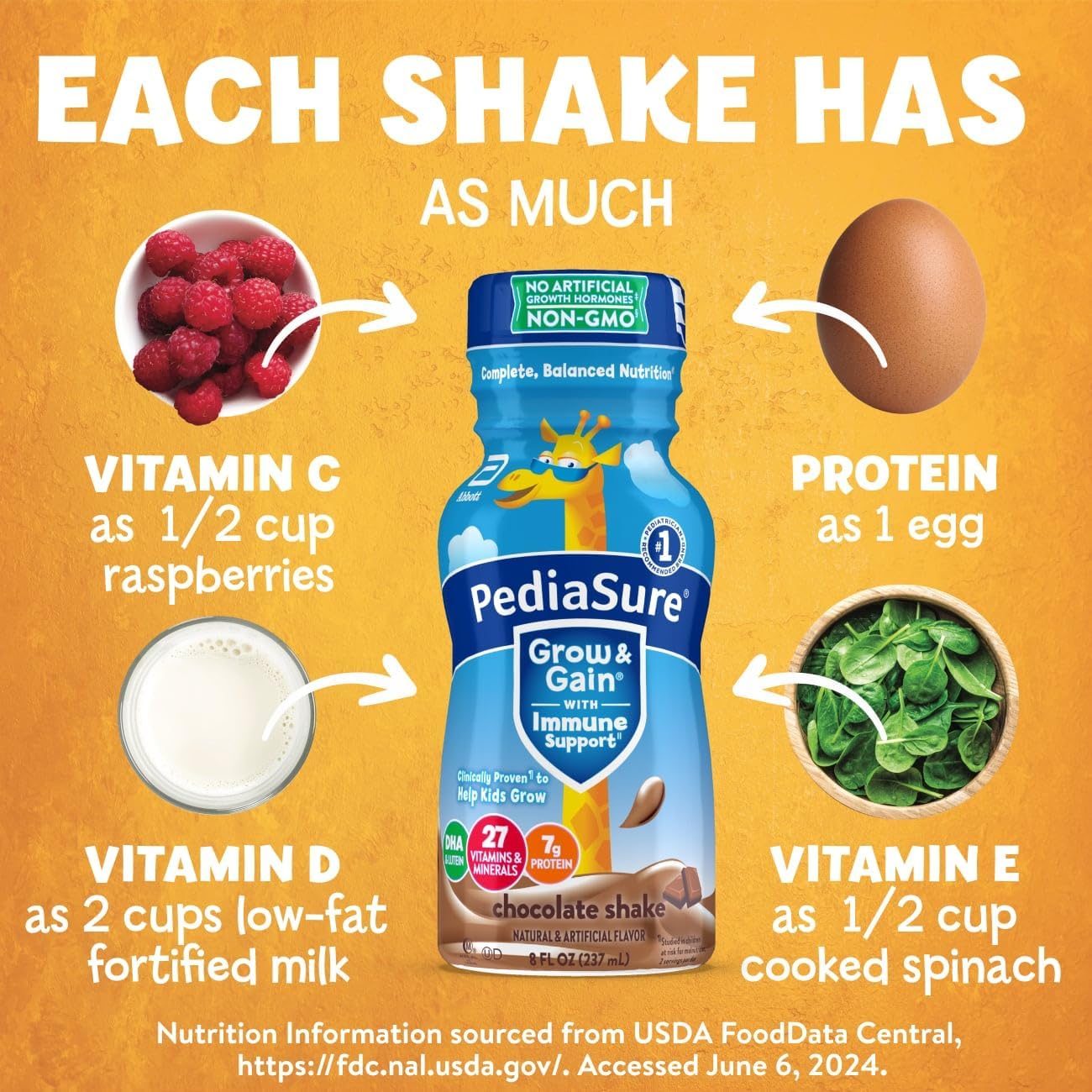 PediaSure Grow & Gain Kids Protein Shake with Immune Support, Chocolate Flavor - 24 Bottles, 8 fl oz each