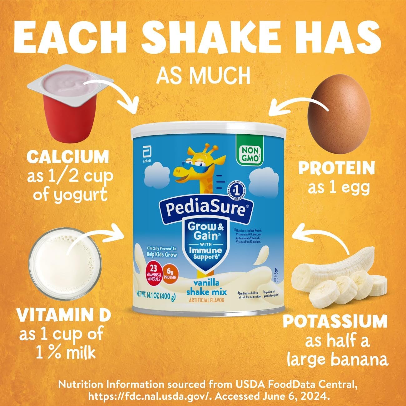 PediaSure Grow & Gain Vanilla Shake Mix Powder, Kids Protein Shake with Immune Support, 14.1 oz Can, Pack of 3 - 24 Servings