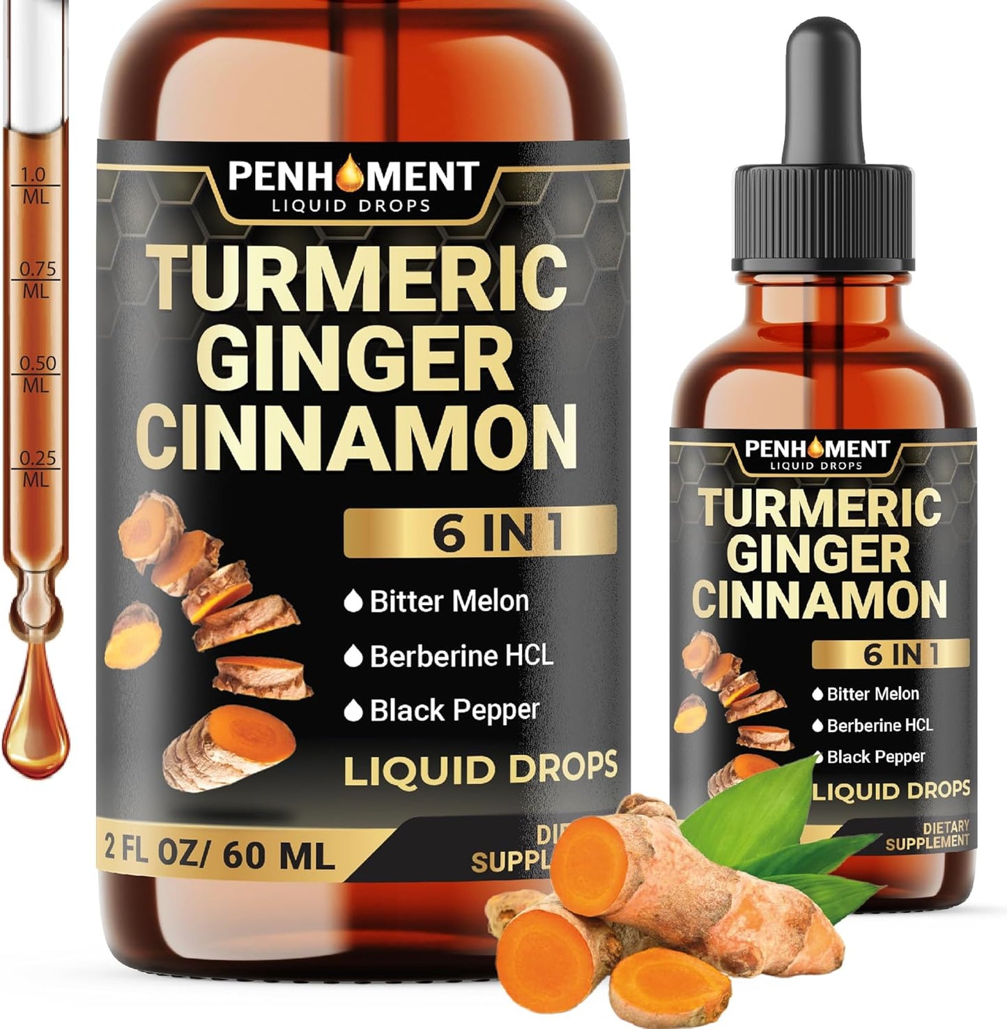 Penhoment Liquid Turmeric Curcumin Drops with Ginger, Berberine, Ceylon Cinnamon, Bitter Melon, Black Pepper - Joint Support - 2FL oz - 60 Servings