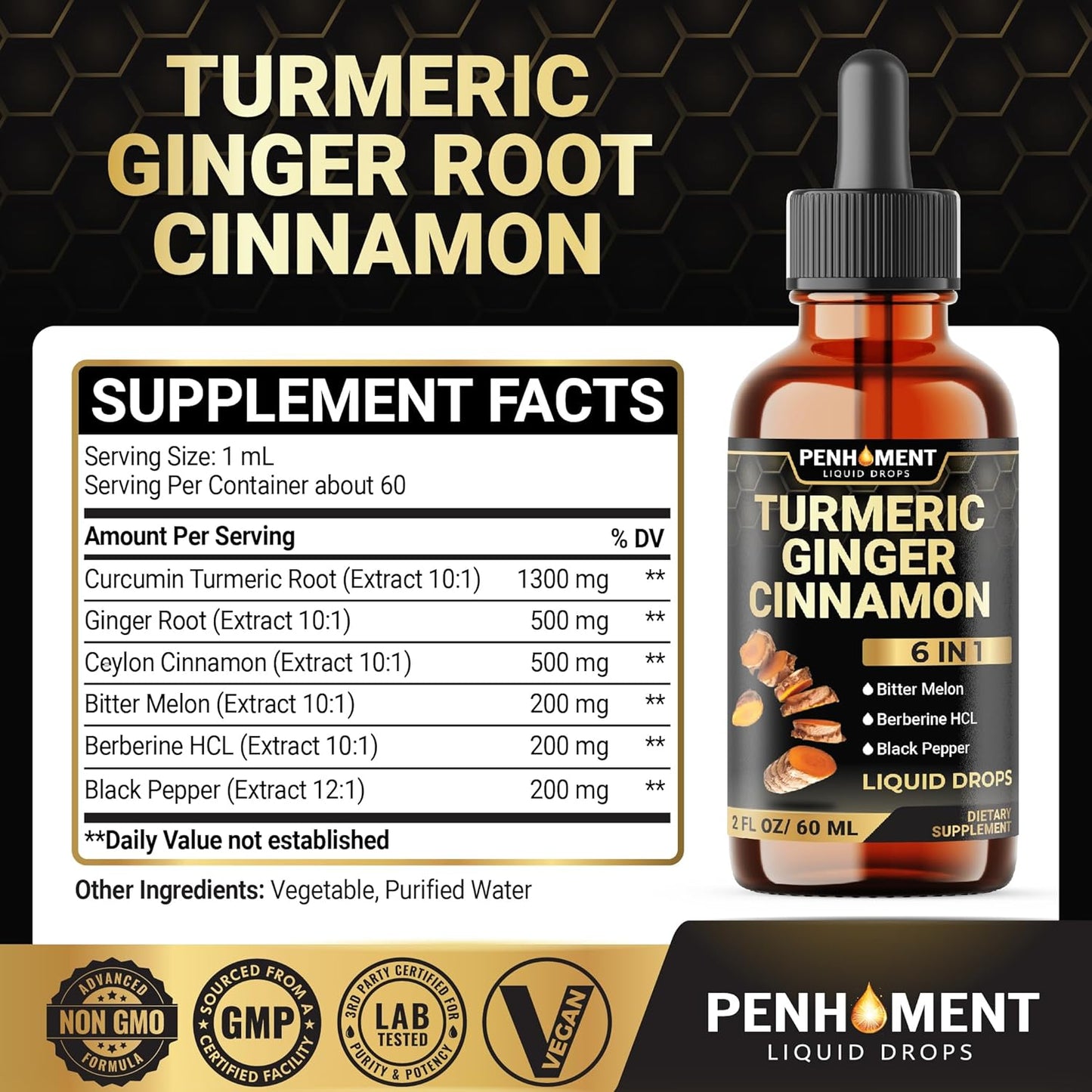 Penhoment Liquid Turmeric Curcumin Drops with Ginger, Berberine, Ceylon Cinnamon, Bitter Melon, Black Pepper - Joint Support - 2FL oz - 60 Servings