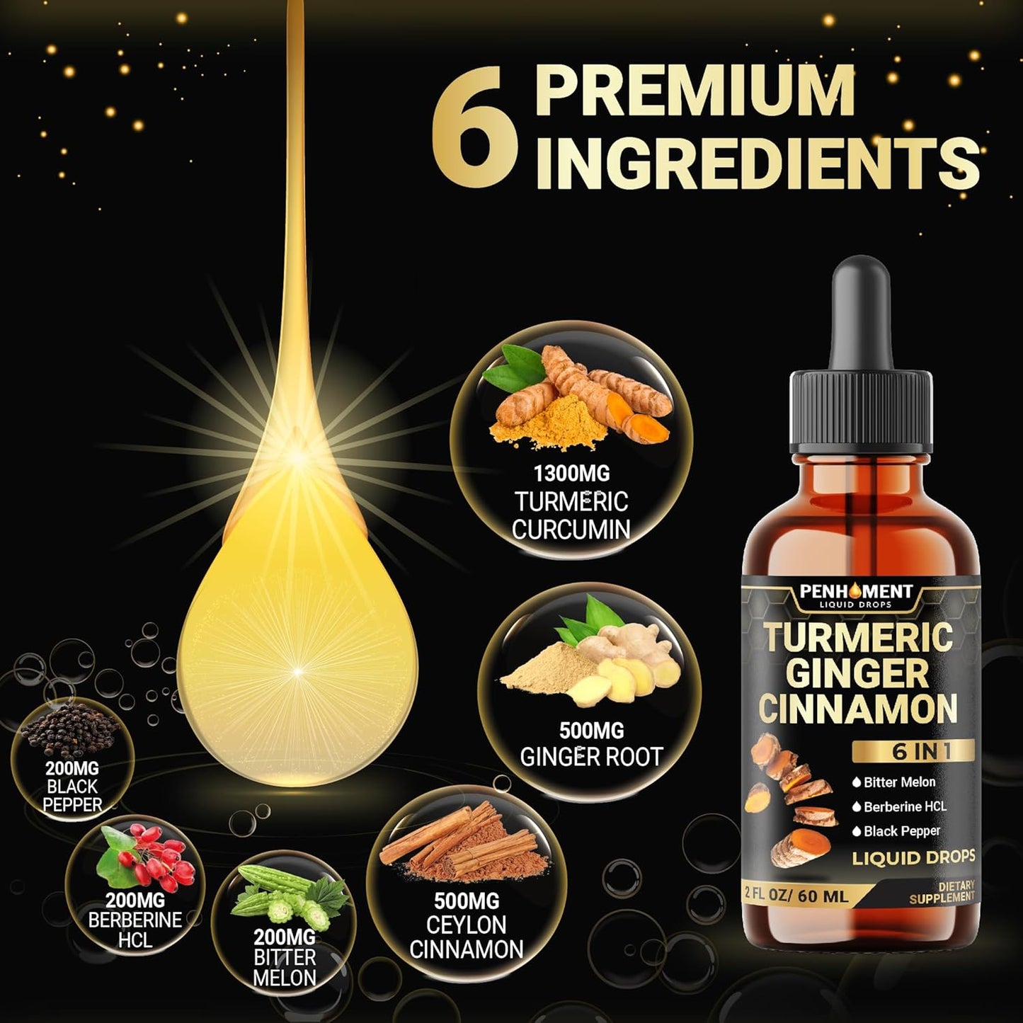 Penhoment Liquid Turmeric Curcumin Drops with Ginger, Berberine, Ceylon Cinnamon, Bitter Melon, Black Pepper - Joint Support - 2FL oz - 60 Servings