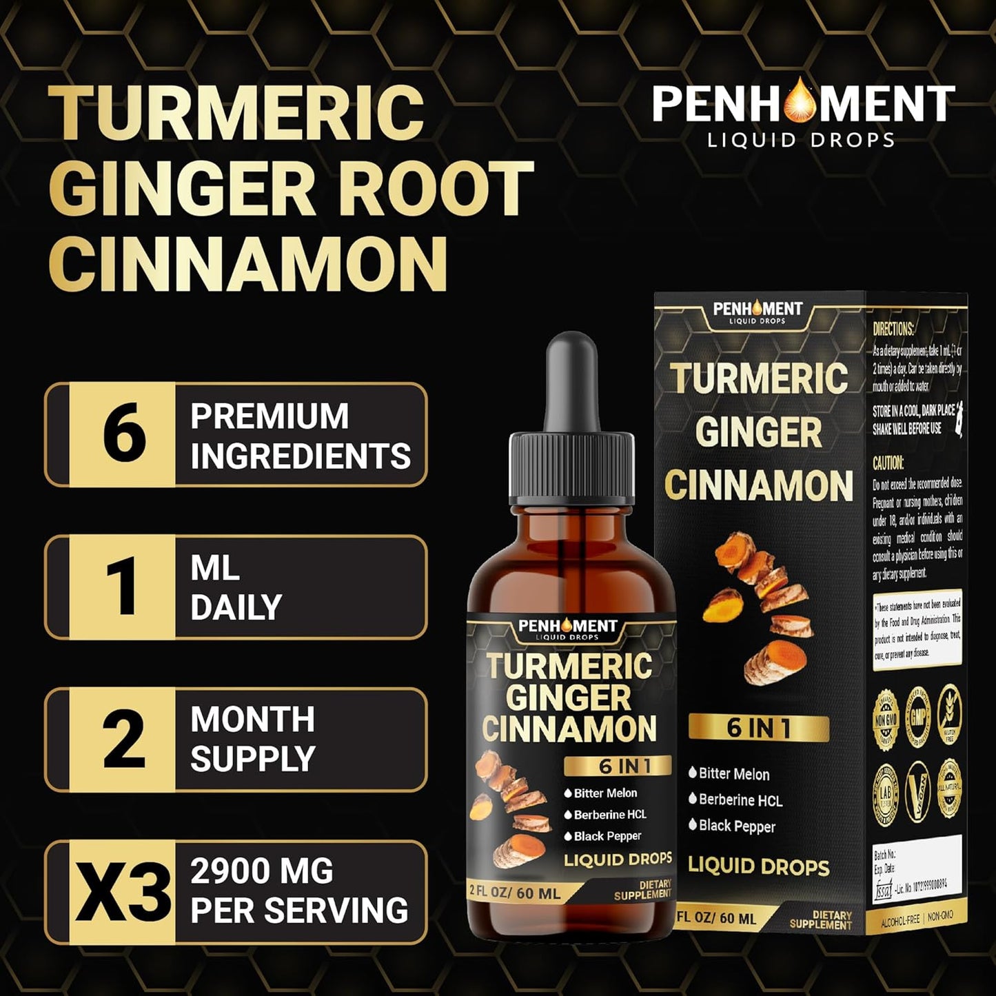Penhoment Liquid Turmeric Curcumin Drops with Ginger, Berberine, Ceylon Cinnamon, Bitter Melon, Black Pepper - Joint Support - 2FL oz - 60 Servings