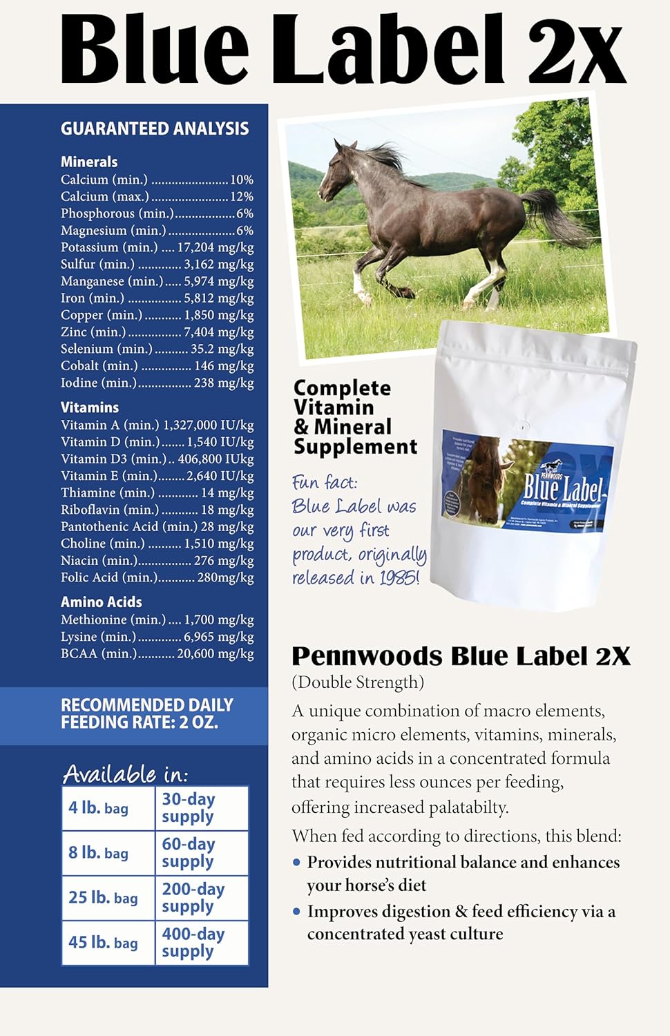 Pennwoods Equine Products Blue Label 2x - 4 LBS | Horse Vitamin Supplement for Strength, Digestion, and Weight Gain