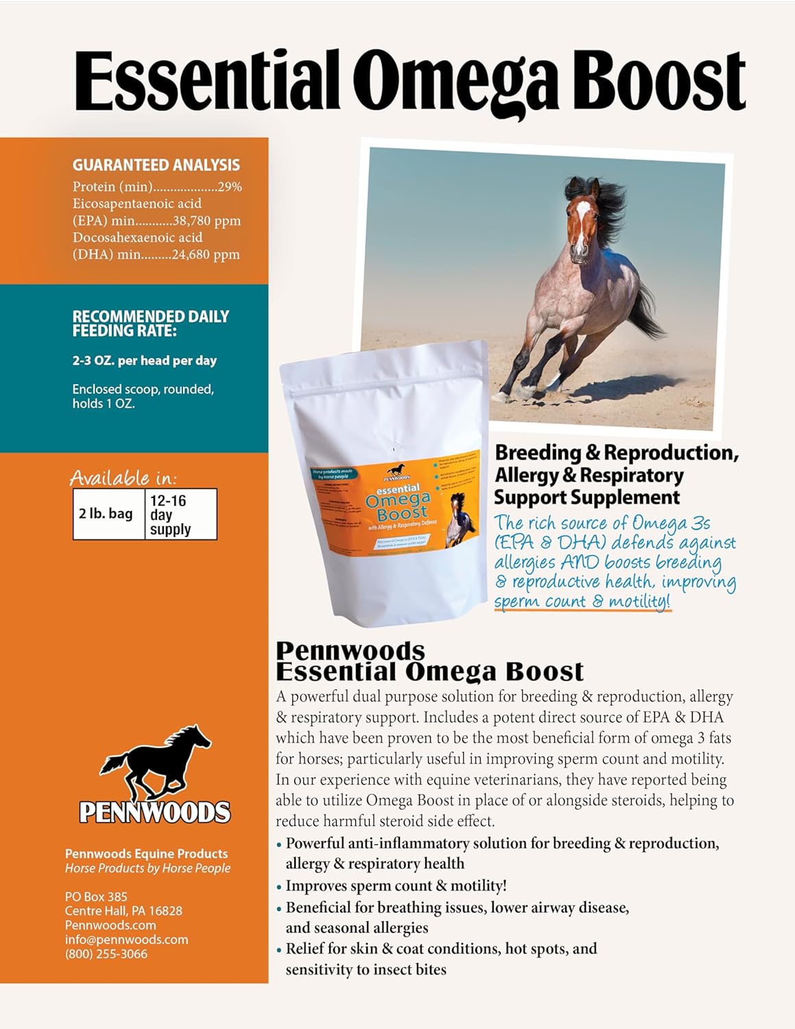 Pennwoods Essential Omega Boost for Horses - Allergy Relief, Respiratory Support, Breeding Enhancement - 2lbs USA Made