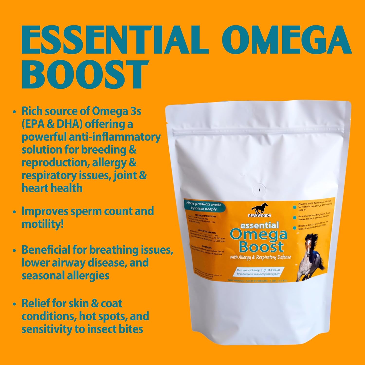 Pennwoods Essential Omega Boost for Horses - Allergy Relief, Respiratory Support, Breeding Enhancement - 2lbs USA Made