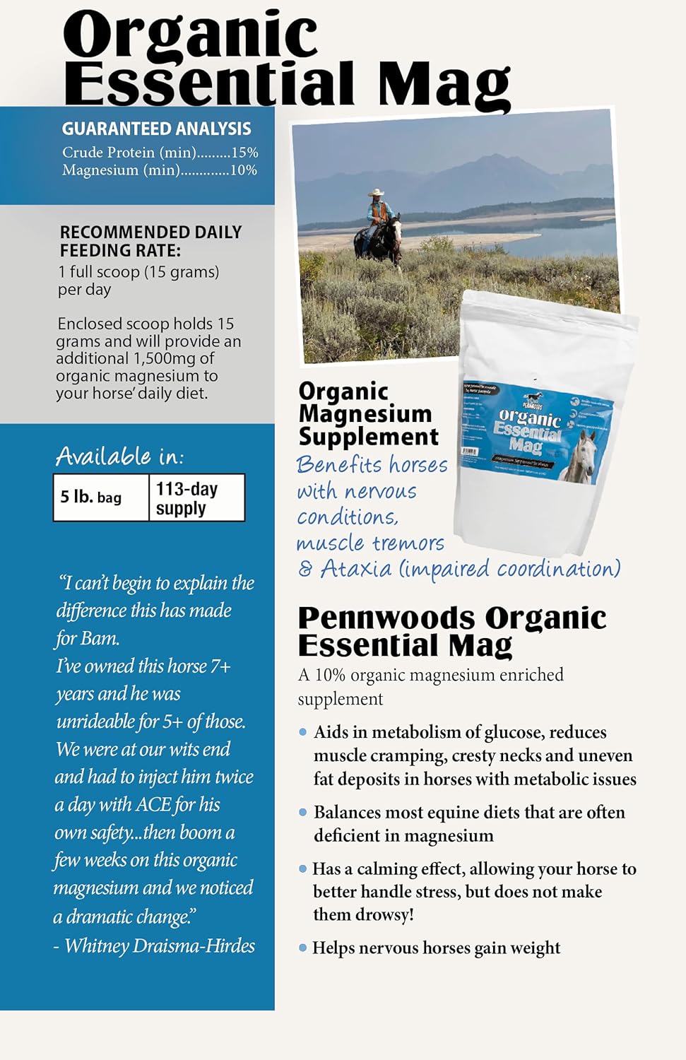 Pennwoods Organic Essential Mag Horse Supplement 5 LB - Magnesium for Horses, Supports Glucose Metabolism, Reduces Stress and Promotes Calmness