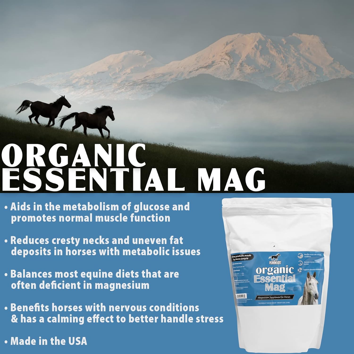 Pennwoods Organic Essential Mag Horse Supplement 5 LB - Magnesium for Horses, Supports Glucose Metabolism, Reduces Stress and Promotes Calmness