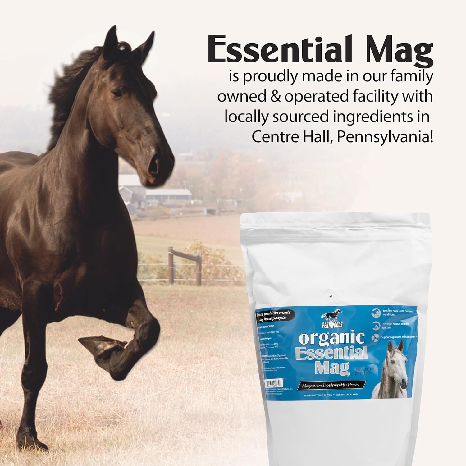 Pennwoods Organic Essential Mag Horse Supplement 5 LB - Magnesium for Horses, Supports Glucose Metabolism, Reduces Stress and Promotes Calmness