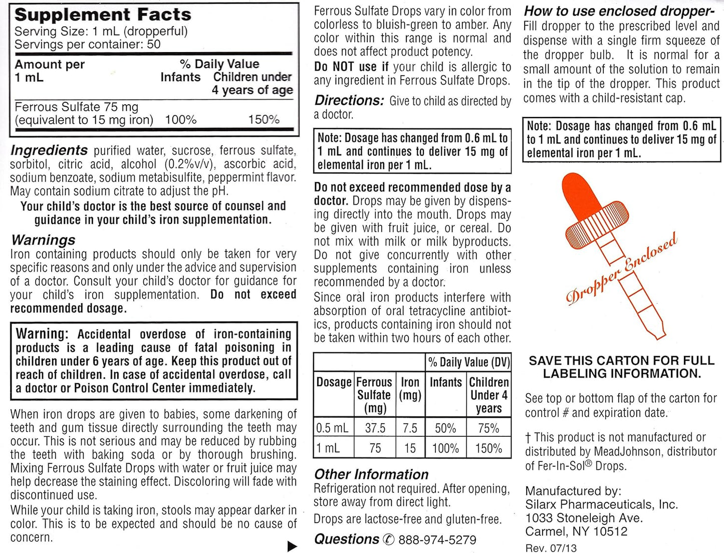 Peppermint Flavored Iron Supplement Drops for Infants, Toddlers & Children - 50 ml Bottles (Pack of 2) - Includes Measuring Dropper