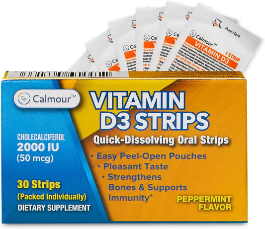 Peppermint Flavored Vitamin D3 Strips 30 Pack | 2000 IU Oral Dissolvable Strips for Immunity & Mental Focus | Quick Tongue Melting Formula
