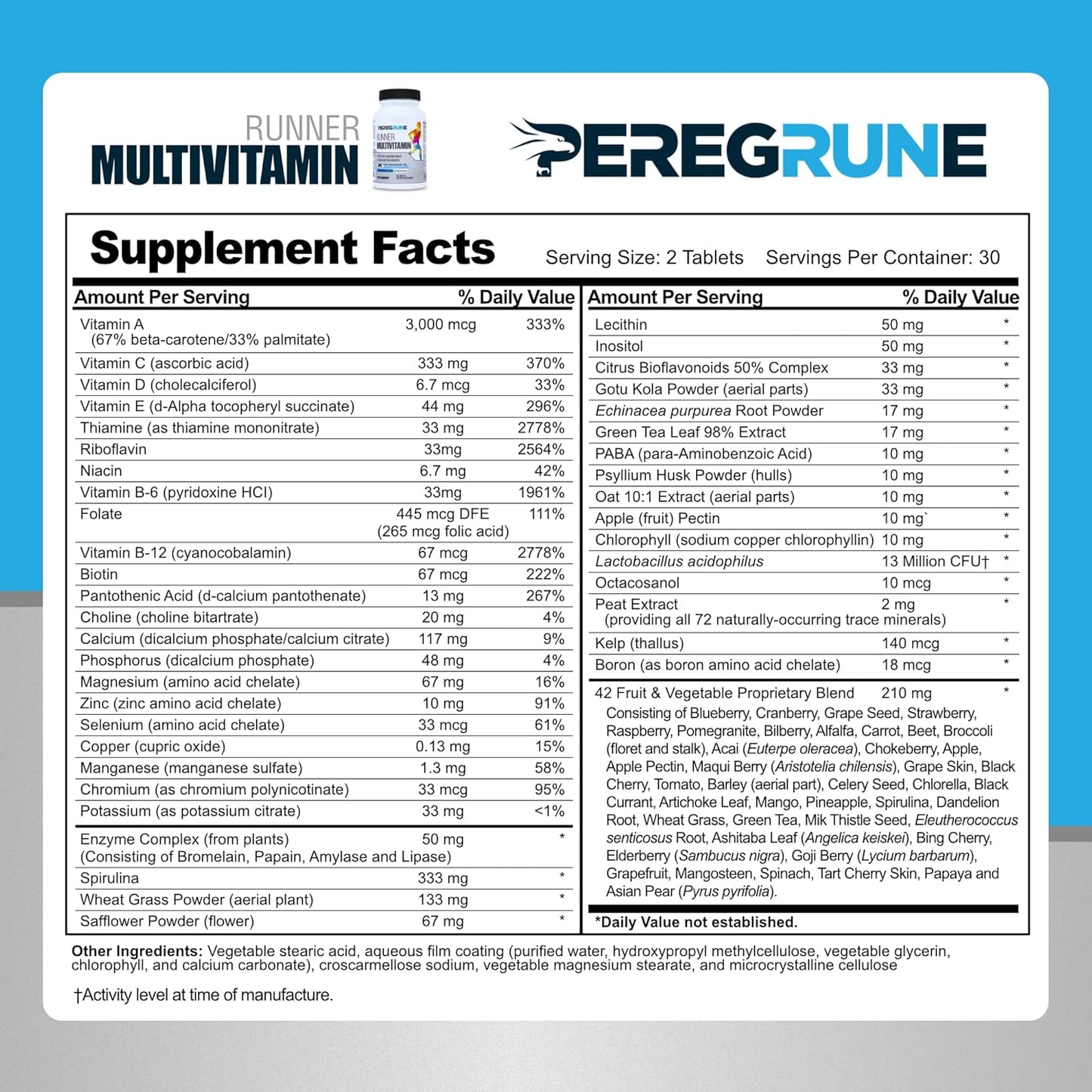 PEREGRUNE Runner Multivitamin - Antioxidant-Rich Vitamin for Health and Recovery - Enhanced B Complex for Endurance and Energy - Probiotics and Whole Foods - Certified Running Supplement