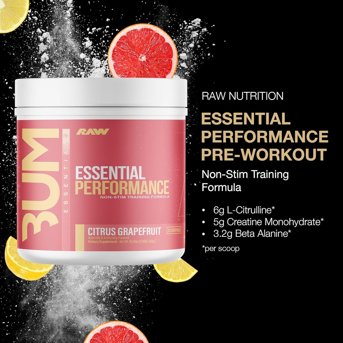 Performance-Boosting Pre-Workout Powder for Endurance & Strength - Caffeine-Free with Creatine Monohydrate, L-Citrulline, & Beta Alanine - Citrus Grapefruit Flavor