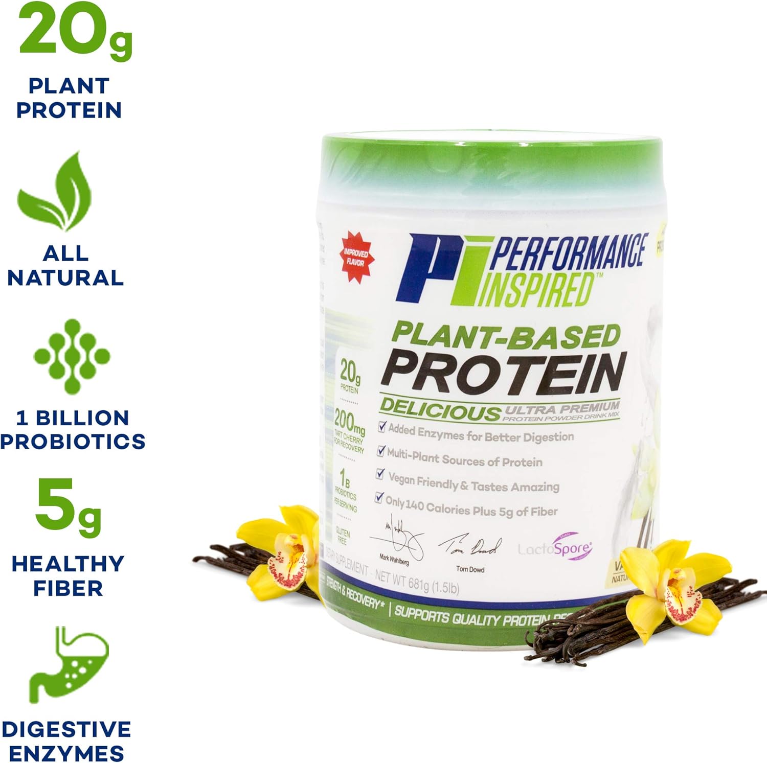 Performance Inspired Plant-Based Protein Powder with 20G Protein, Probiotics, Digestive Enzymes, and Fiber - Vanilla Bean - 1.5lb