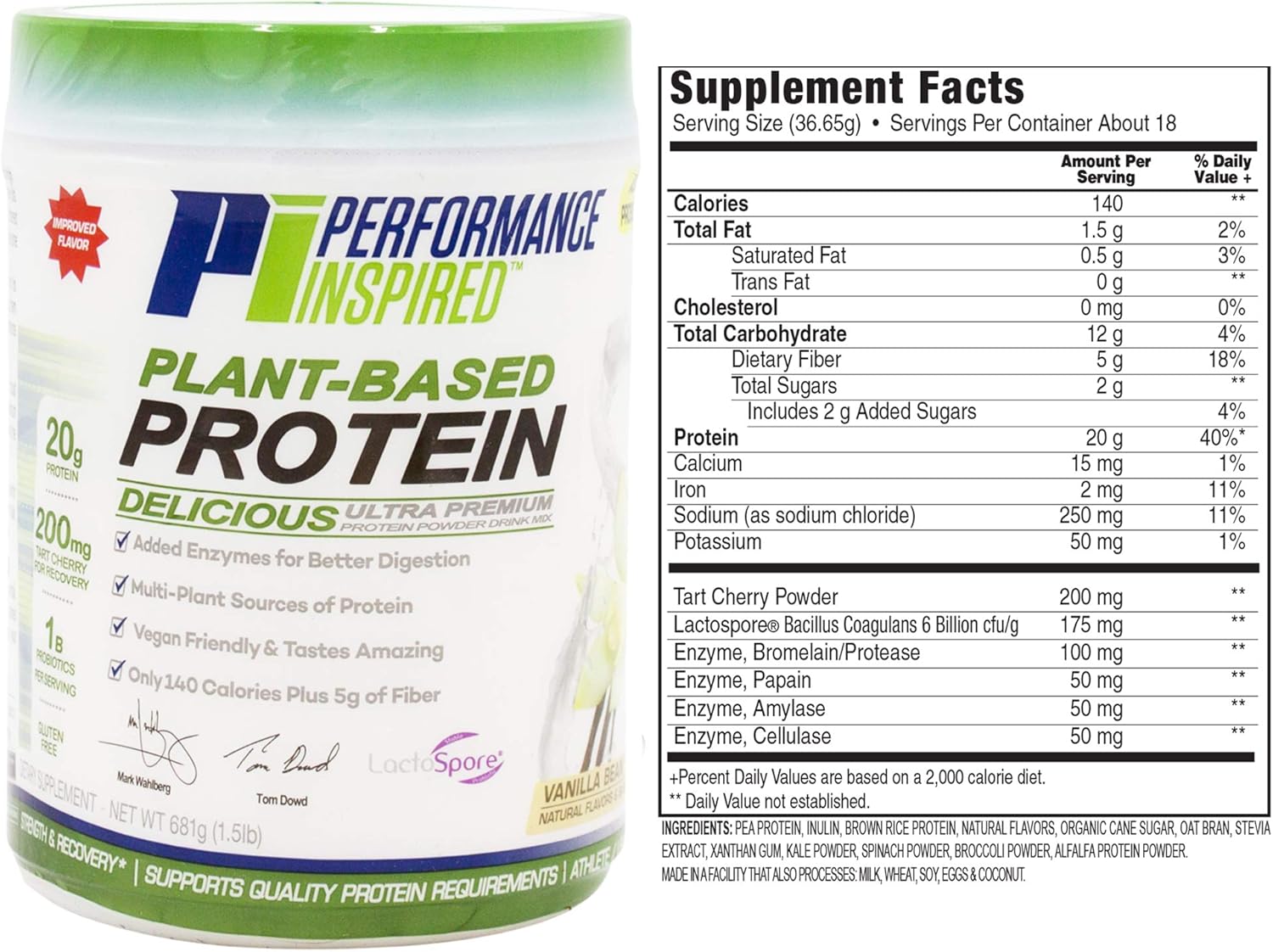 Performance Inspired Plant-Based Protein Powder with 20G Protein, Probiotics, Digestive Enzymes, and Fiber - Vanilla Bean - 1.5lb