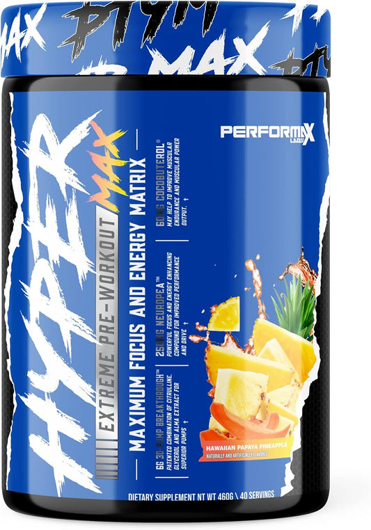 Performax Labs HyperMax 3D Extreme Pre-Workout Supplement - Boost Energy, Endurance, Focus, and Mood with High Stim Vasodilator (Hawaiian Papaya Pineapple)