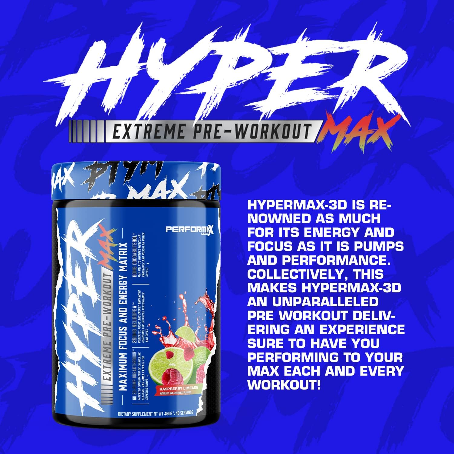 Performax Labs HyperMax 3D Extreme Pre-Workout Supplement - Boost Energy, Endurance, Focus, and Mood with High Stim Vasodilator (Hawaiian Papaya Pineapple)