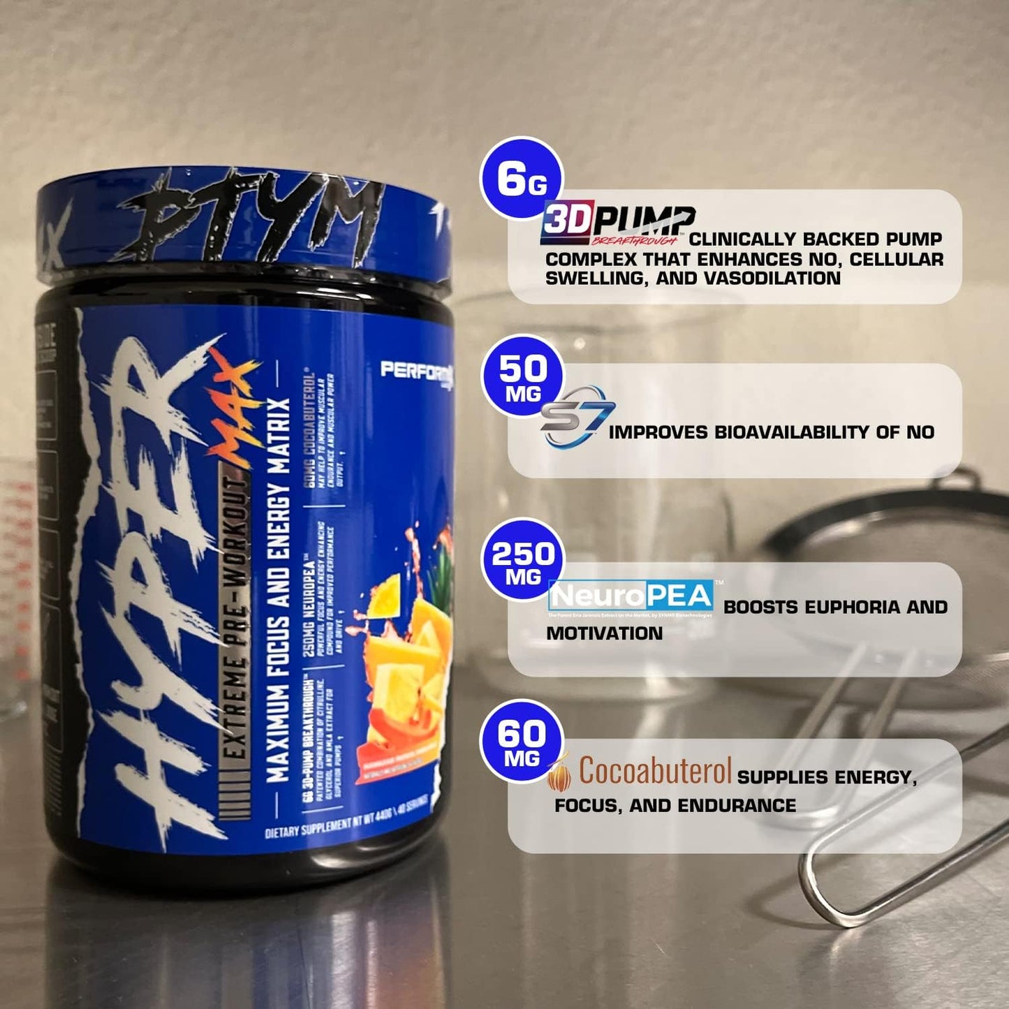 Performax Labs HyperMax 3D Extreme Pre-Workout Supplement - Boost Energy, Endurance, Focus, and Mood with High Stim Vasodilator (Hawaiian Papaya Pineapple)