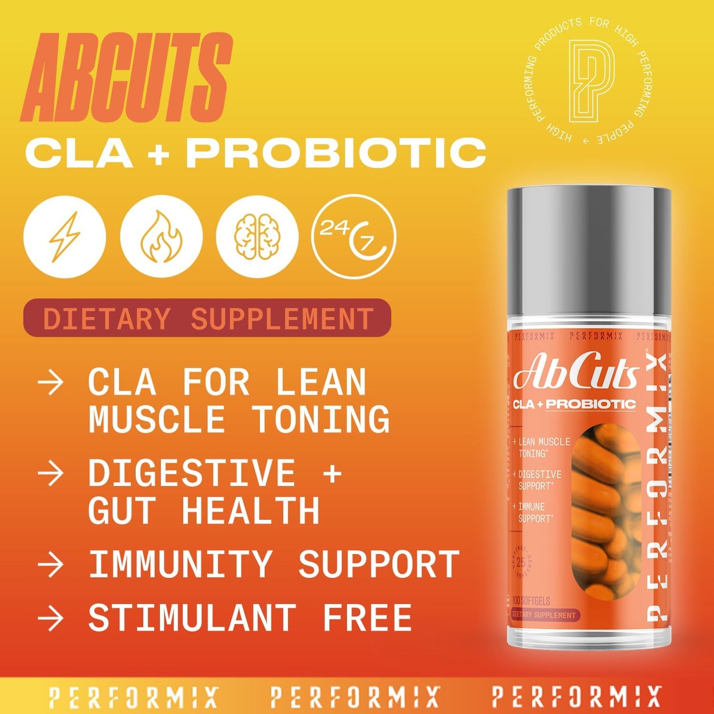Performix AbCuts CLA + Probiotics Soft Gels for Lean Muscle Growth, Energy, and Digestive Health - Men & Women - 100 Count