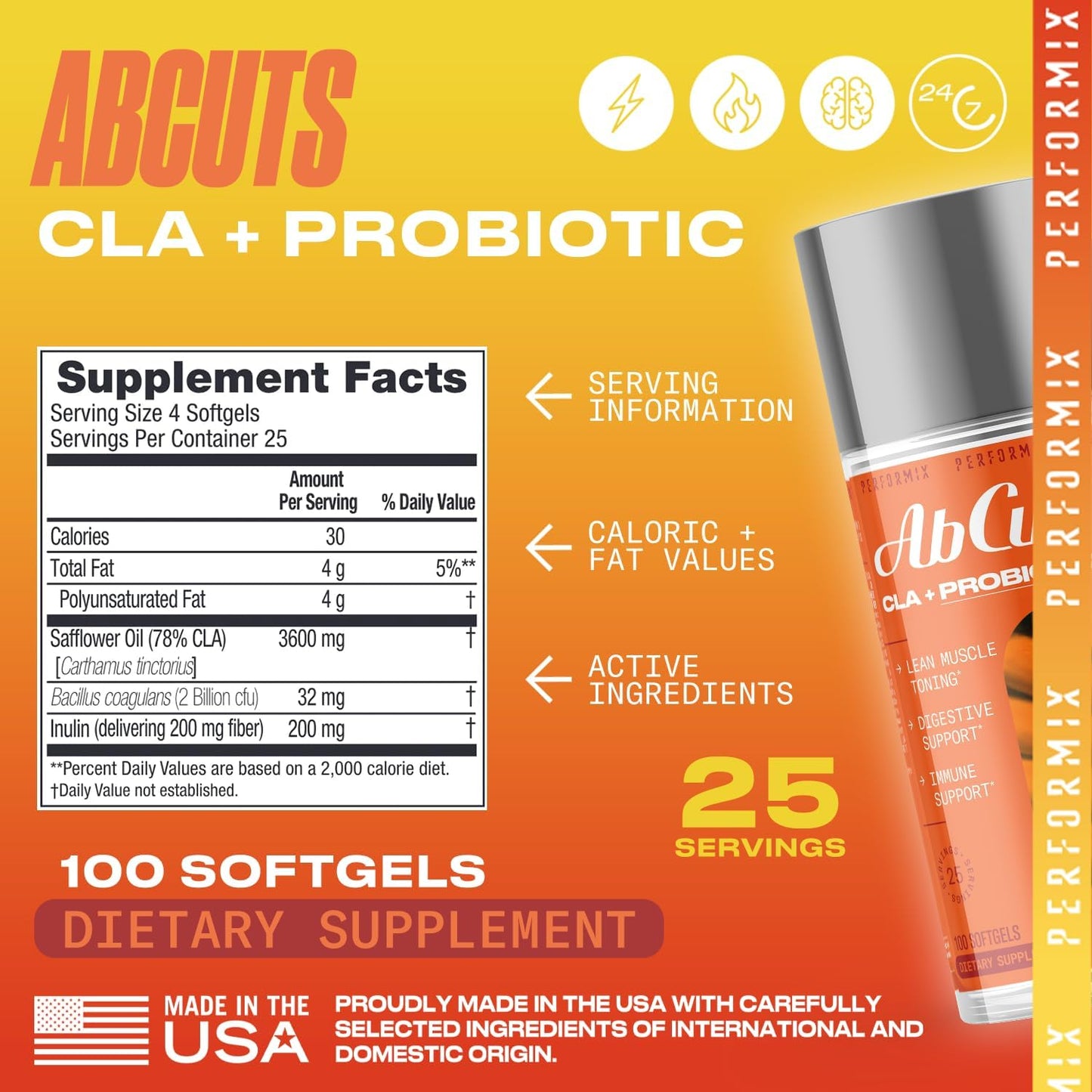 Performix AbCuts CLA + Probiotics Soft Gels for Lean Muscle Growth, Energy, and Digestive Health - Men & Women - 100 Count