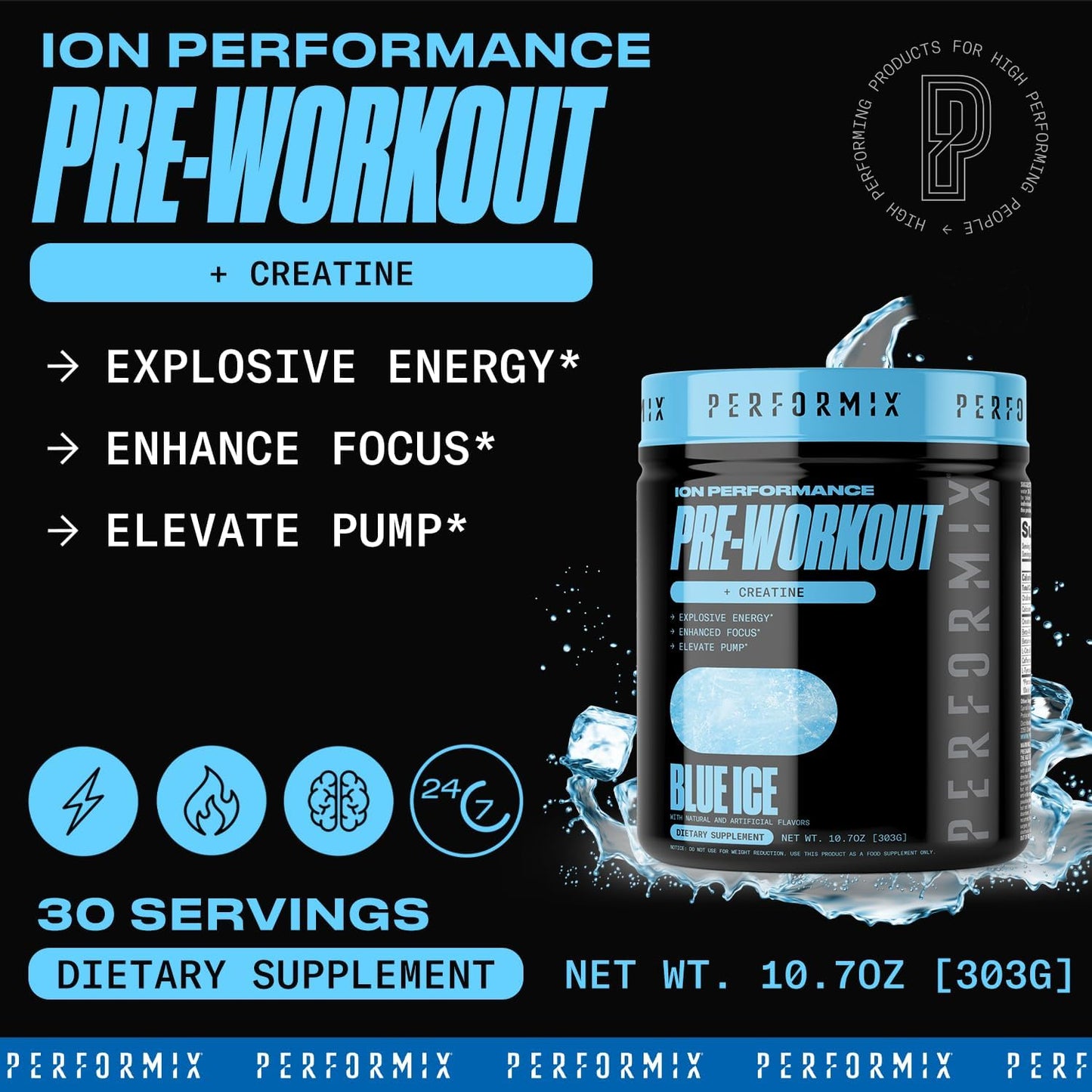 PERFORMIX ION Pre Workout Supplement: Boost Pump, Energy, & Endurance - 200mg Caffeine, Creatine, Nitric Oxide, Beta Alanine - Amino Acids - No Crash or Jitters - Blue Ice - 30 Servings