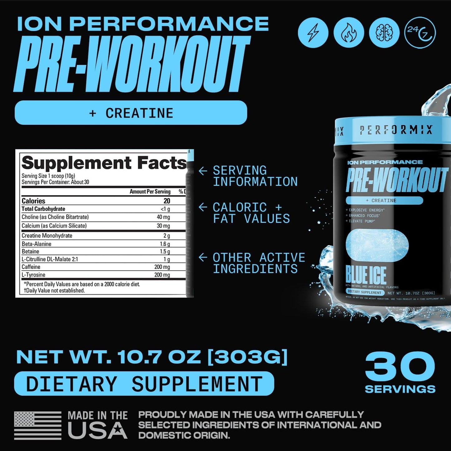 PERFORMIX ION Pre Workout Supplement: Boost Pump, Energy, & Endurance - 200mg Caffeine, Creatine, Nitric Oxide, Beta Alanine - Amino Acids - No Crash or Jitters - Blue Ice - 30 Servings