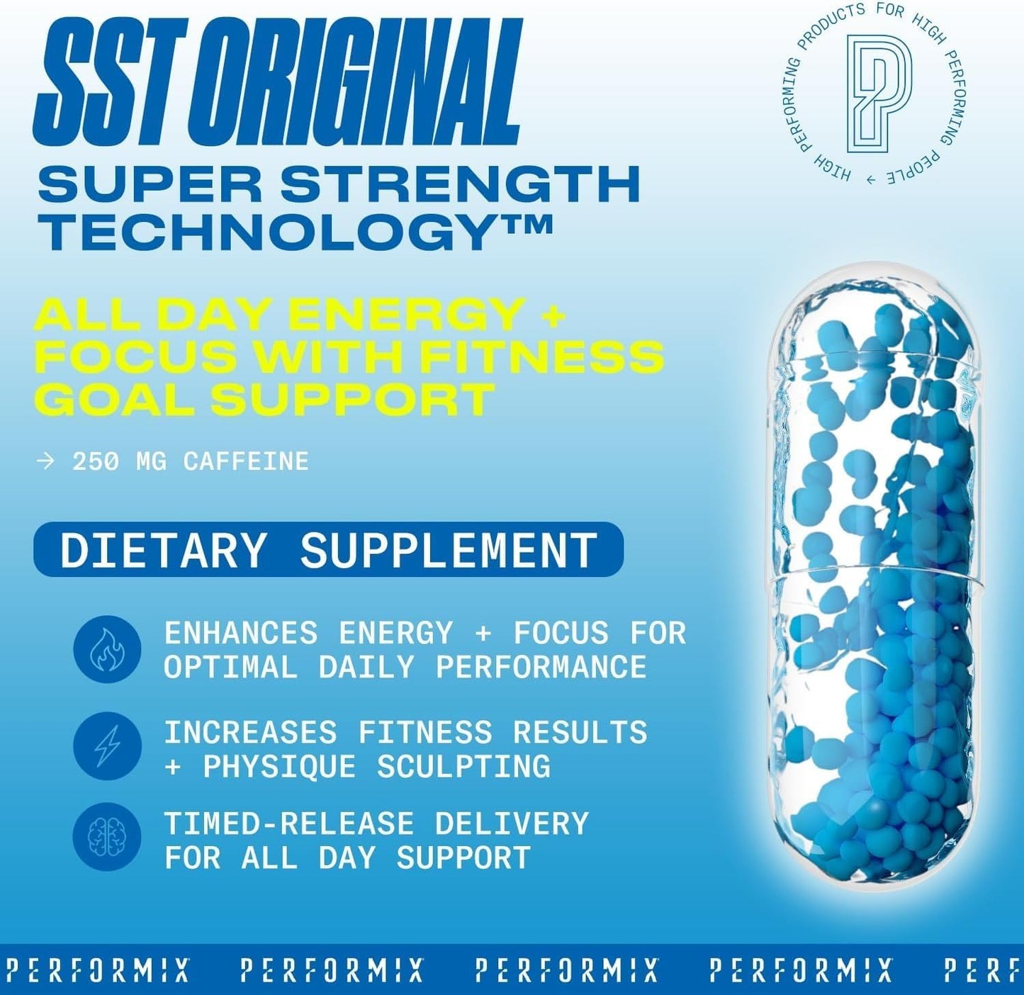 Performix SST Original Pre Workout Energy Supplement with 250mg Caffeine for All Day Focus and Energy Boost - 60 Capsules for Men and Women