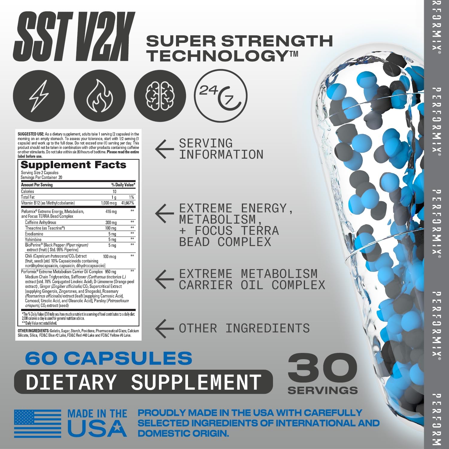 Performix SST V2X Pre Workout Capsules - 300mg Caffeine - Energy Supplements for All-Day Focus & Mood Boost - Thermogenic Nootropic for Men & Women