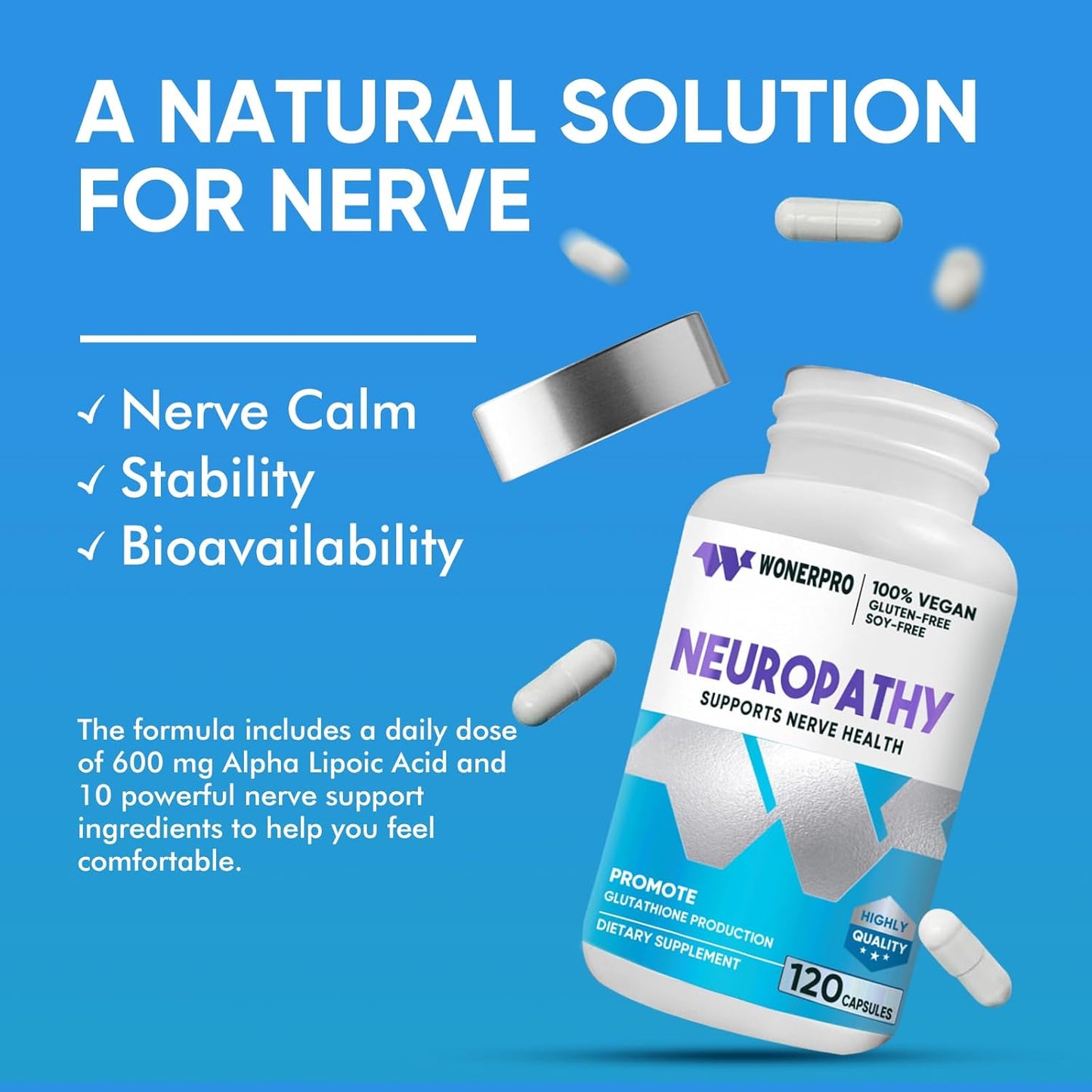 Peripheral Neuropathy Support Supplement with 600mg Alpha Lipoic Acid - Nerve Fortification for Hands, Feet, Fingers, & Toes - 120 Capsules