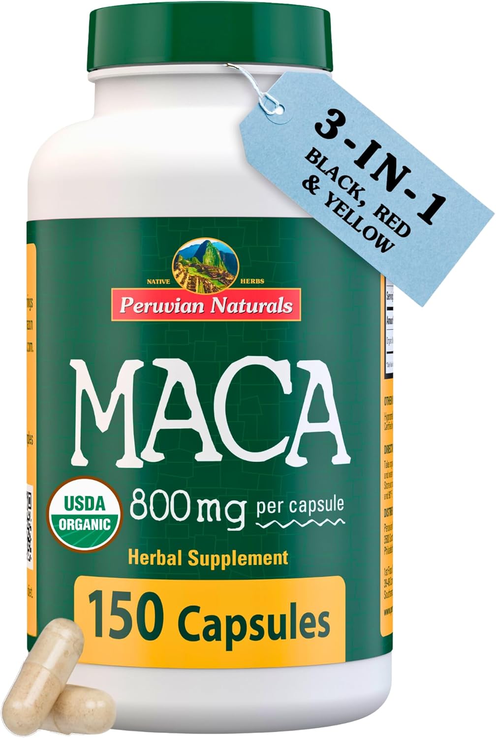Peruvian Naturals Organic Maca Root Capsules 2400mg - 150 Pills Black, Red, Yellow Maca Supplement for Women & Men - Gelatinized, Non-GMO, Vegan