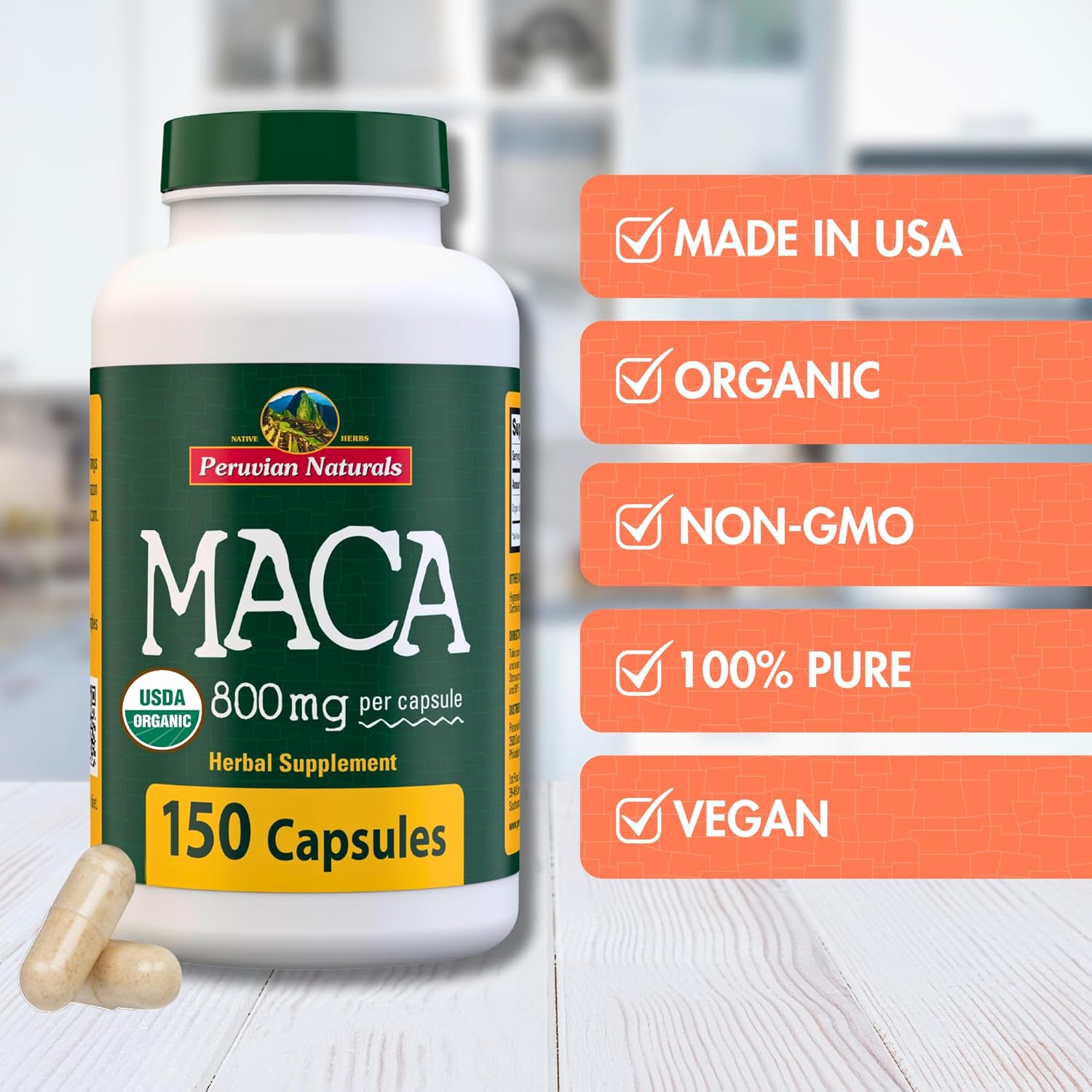 Peruvian Naturals Organic Maca Root Capsules 2400mg - 150 Pills Black, Red, Yellow Maca Supplement for Women & Men - Gelatinized, Non-GMO, Vegan