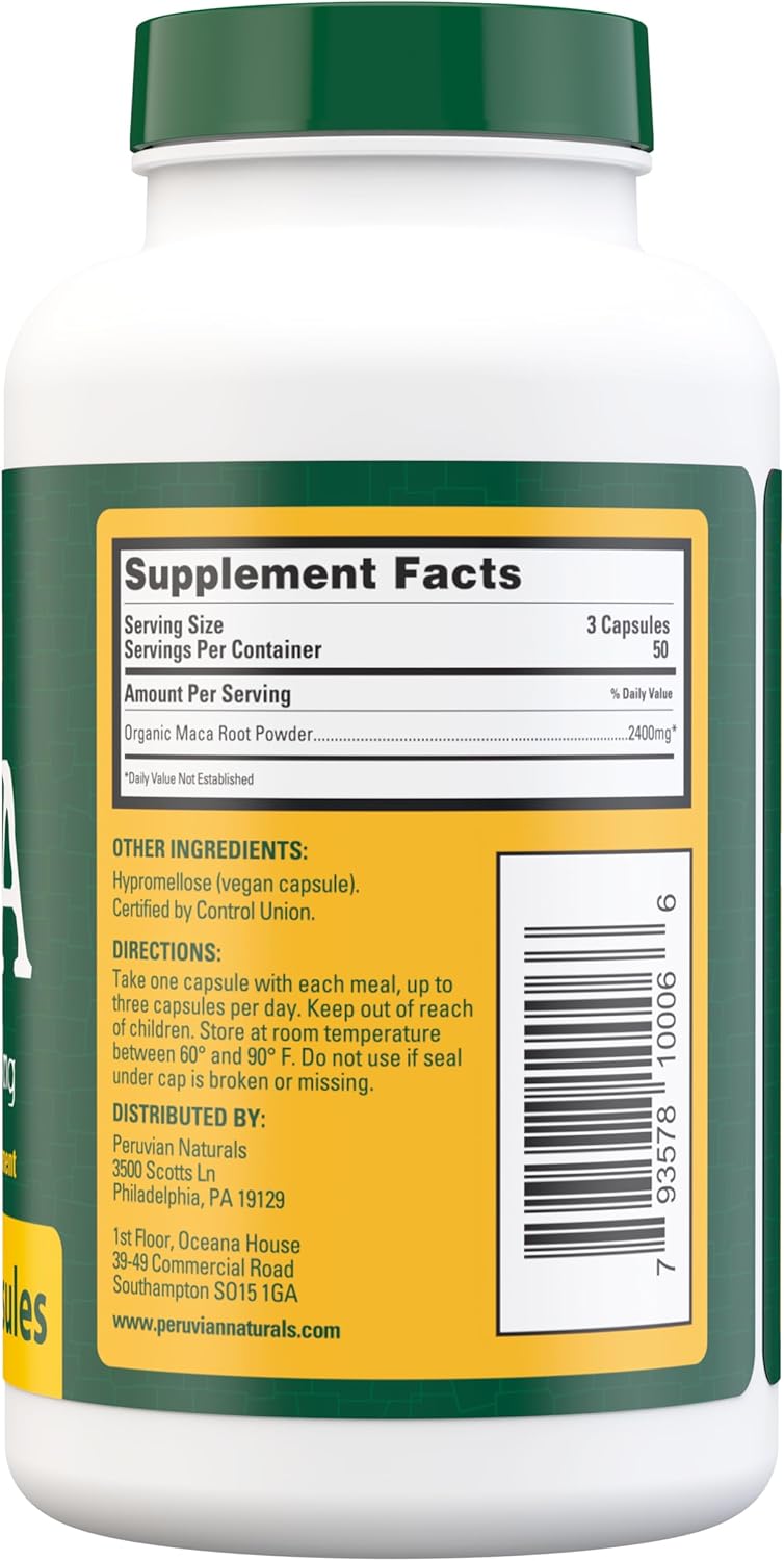Peruvian Naturals Organic Maca Root Capsules 2400mg - 150 Pills Black, Red, Yellow Maca Supplement for Women & Men - Gelatinized, Non-GMO, Vegan