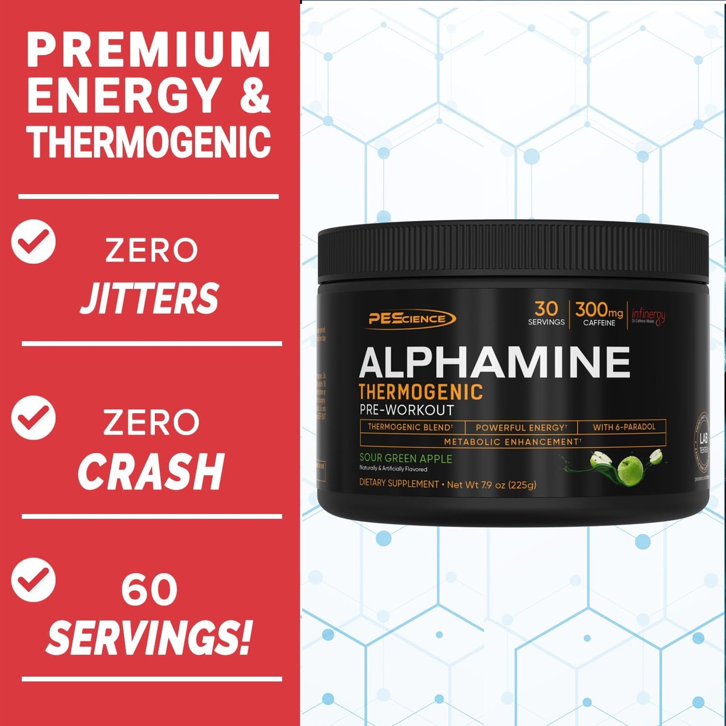 PEScience Alphamine Sour Green Apple Thermogenic Energy Powder with L-Carnitine - 60 Scoops