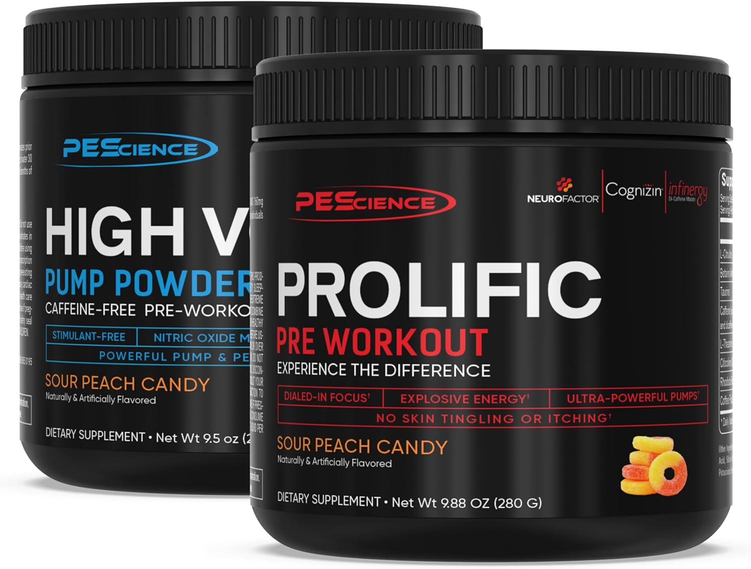 PEScience Pre Workout Stack: Sour Peach Candy Flavor, Nitric Oxide Booster, L-Arginine & L-Citrulline, 40 & 36 Scoops, Pre Workout Powder for Men & Women
