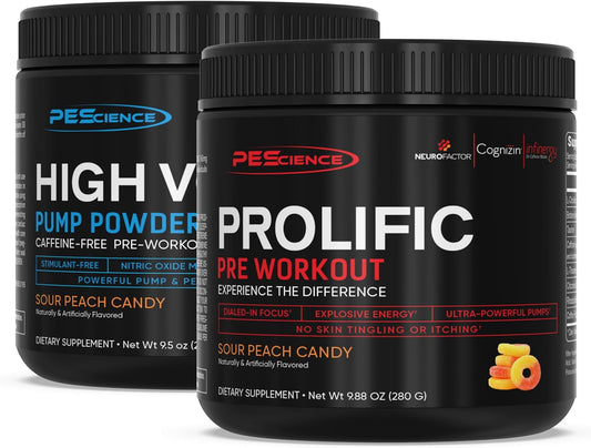 PEScience Pre Workout Stack: Sour Peach Candy Flavor, Nitric Oxide Booster, L-Arginine & L-Citrulline, 40 & 36 Scoops, Pre Workout Powder for Men & Women