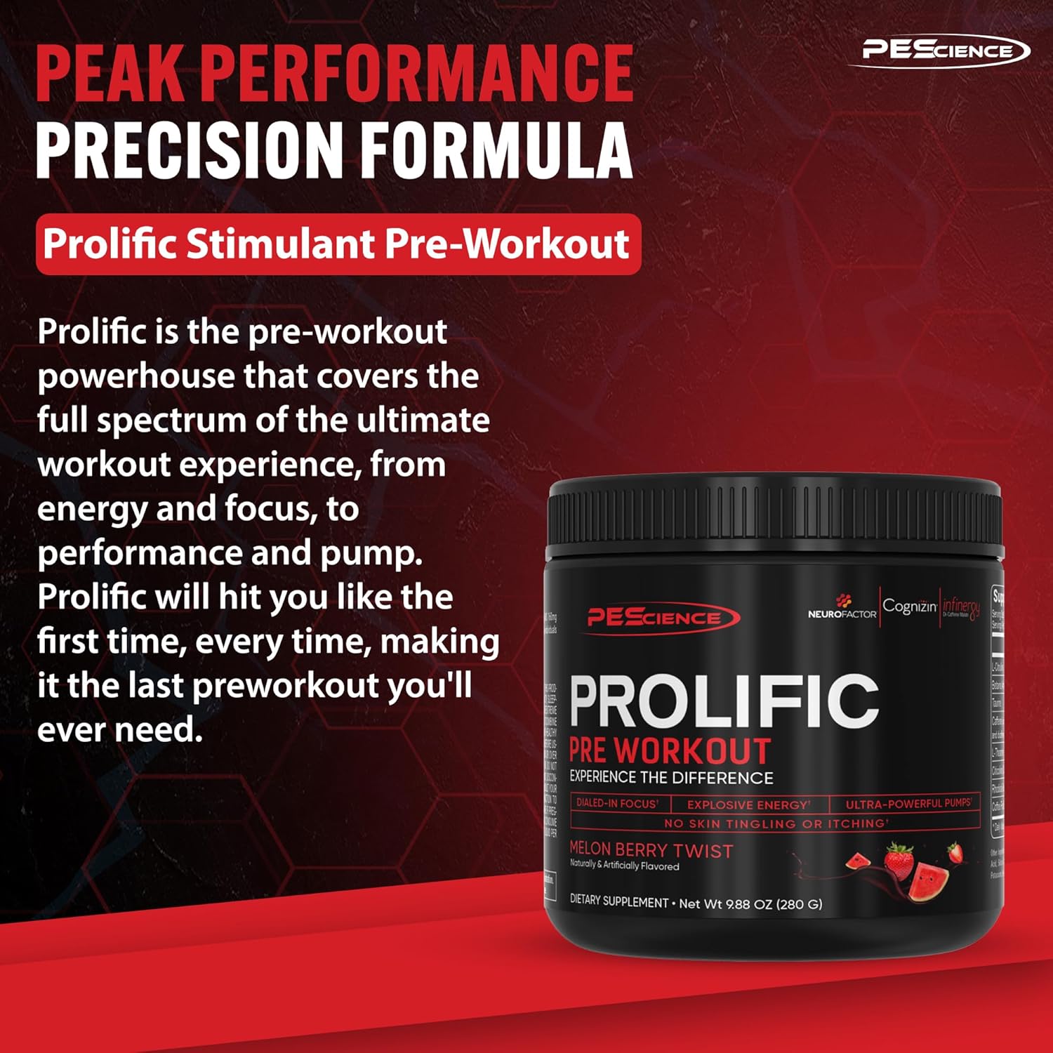 PEScience Prolific Pre Workout Energy Supplement - Melon Berry Twist Flavor - 40 Scoops - Includes Nitric Oxide Booster