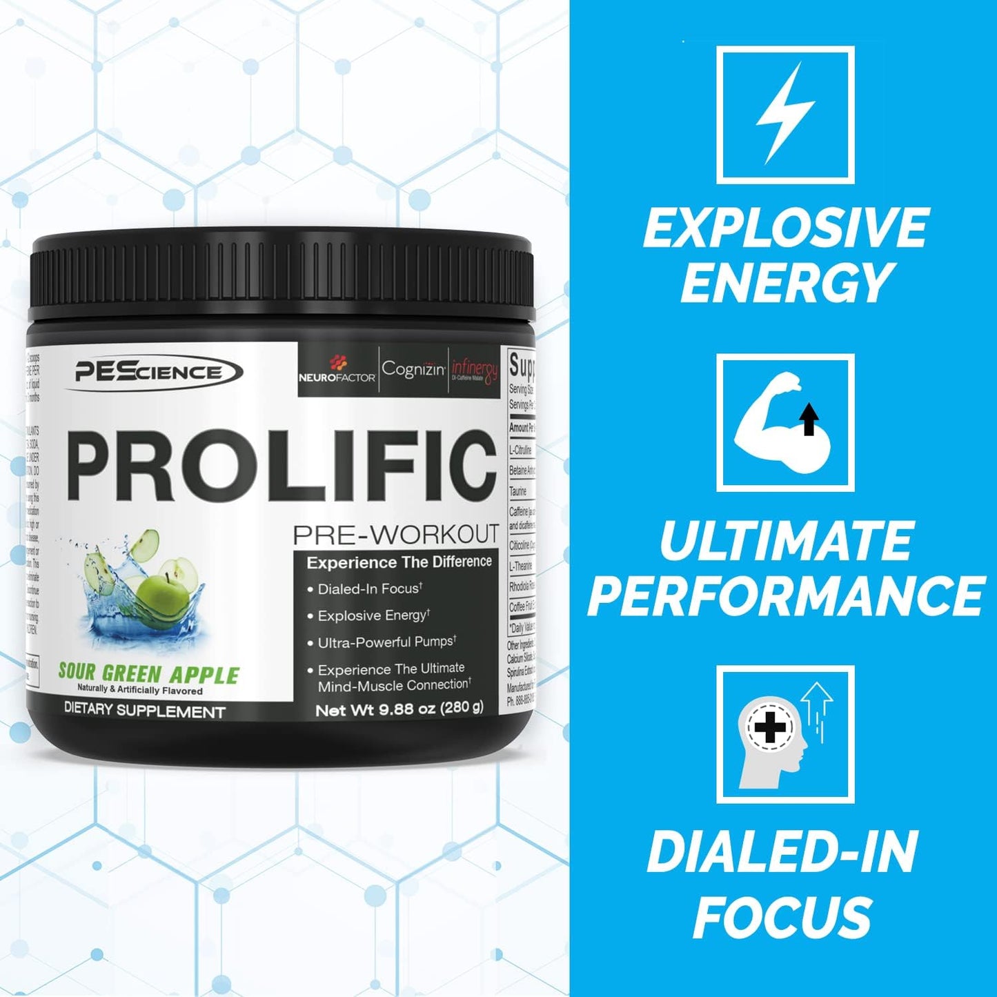 PEScience Prolific Sour Green Apple Pre Workout Powder - 40 Scoop Energy Supplement with Nitric Oxide