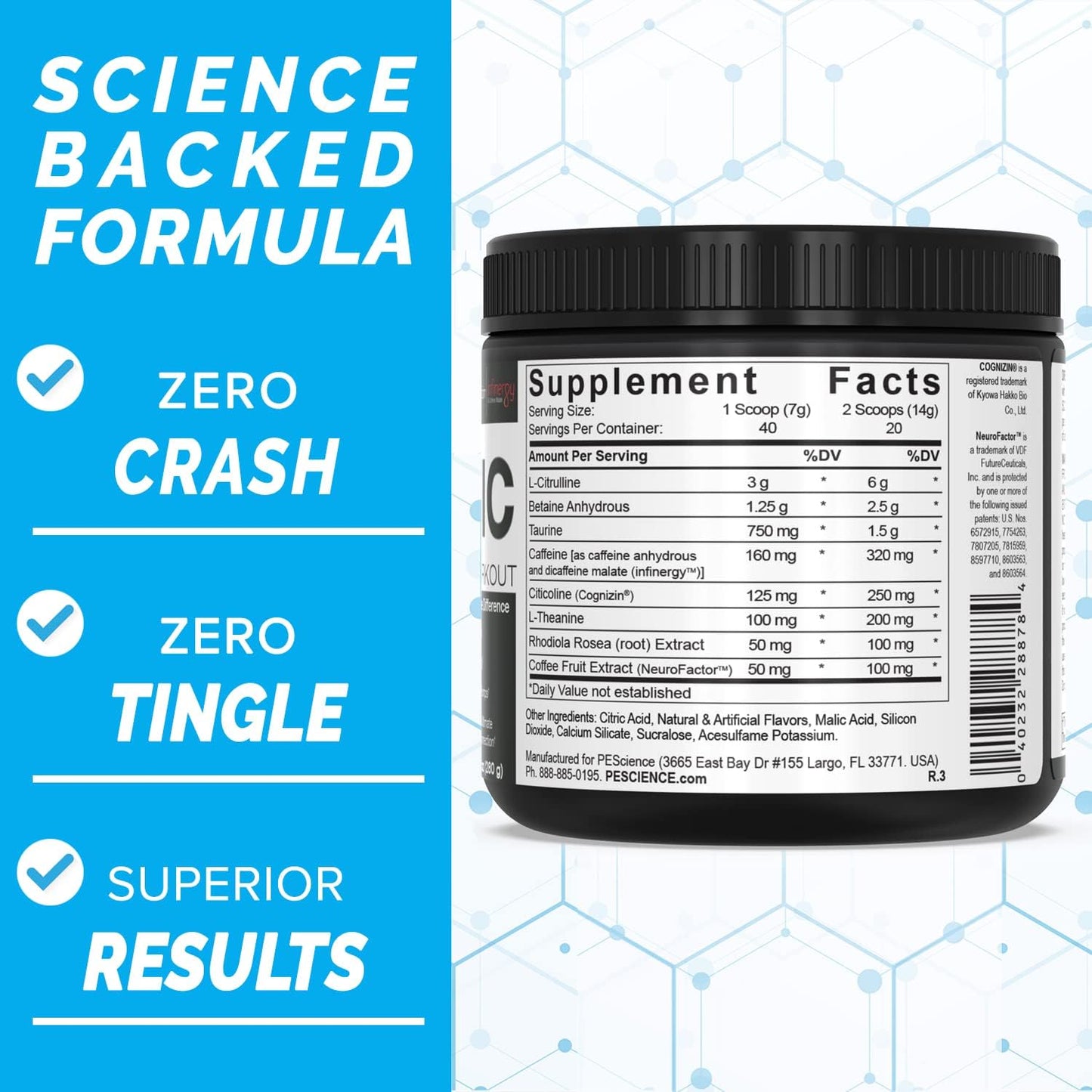PEScience Prolific Sour Green Apple Pre Workout Powder - 40 Scoop Energy Supplement with Nitric Oxide