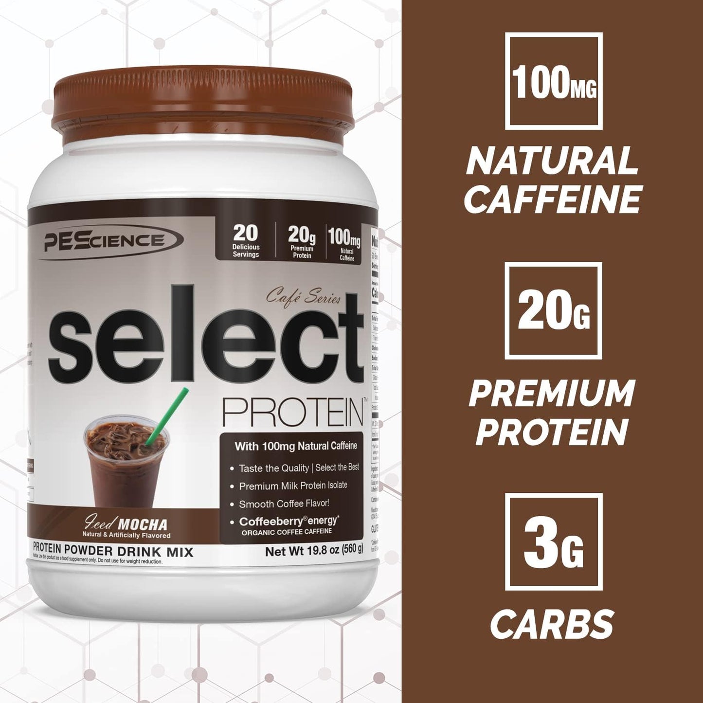 PEScience Select Cafe Protein, Iced Mocha Flavor, 20 Servings, Whey and Casein Blend for Coffee Lovers