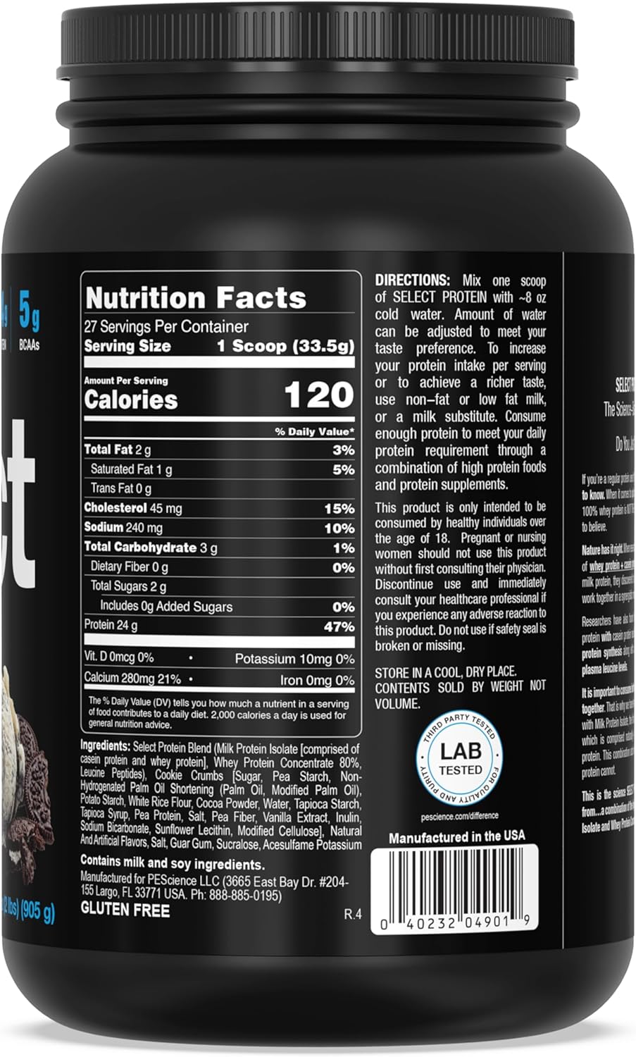 PEScience Select Cookies and Cream Low Carb Protein Powder - Keto Friendly & Gluten Free - 27 Servings